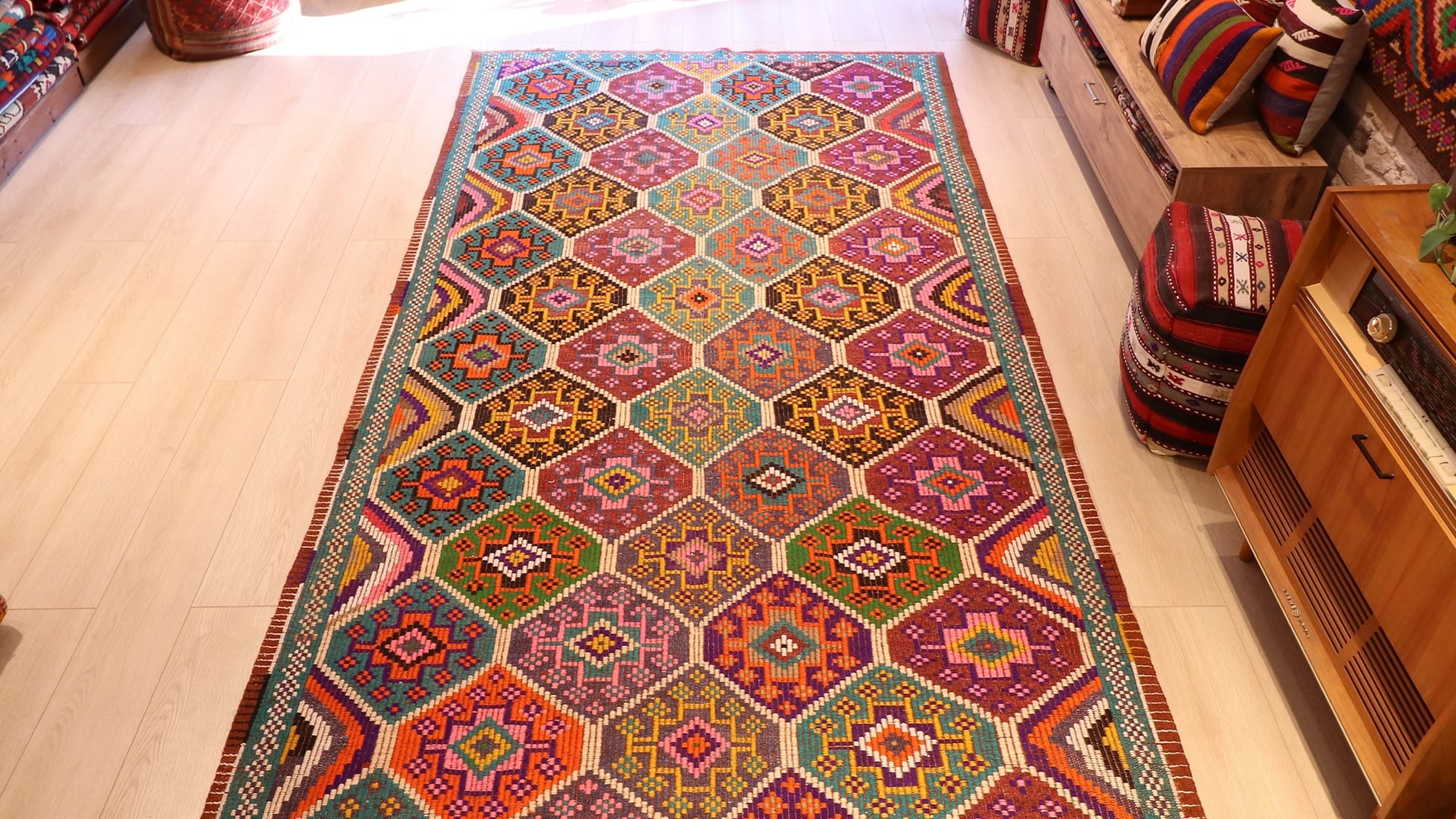 Vintage handwoven flat weave luxury Cecim Kilim Rug in vibrant and vivid colors