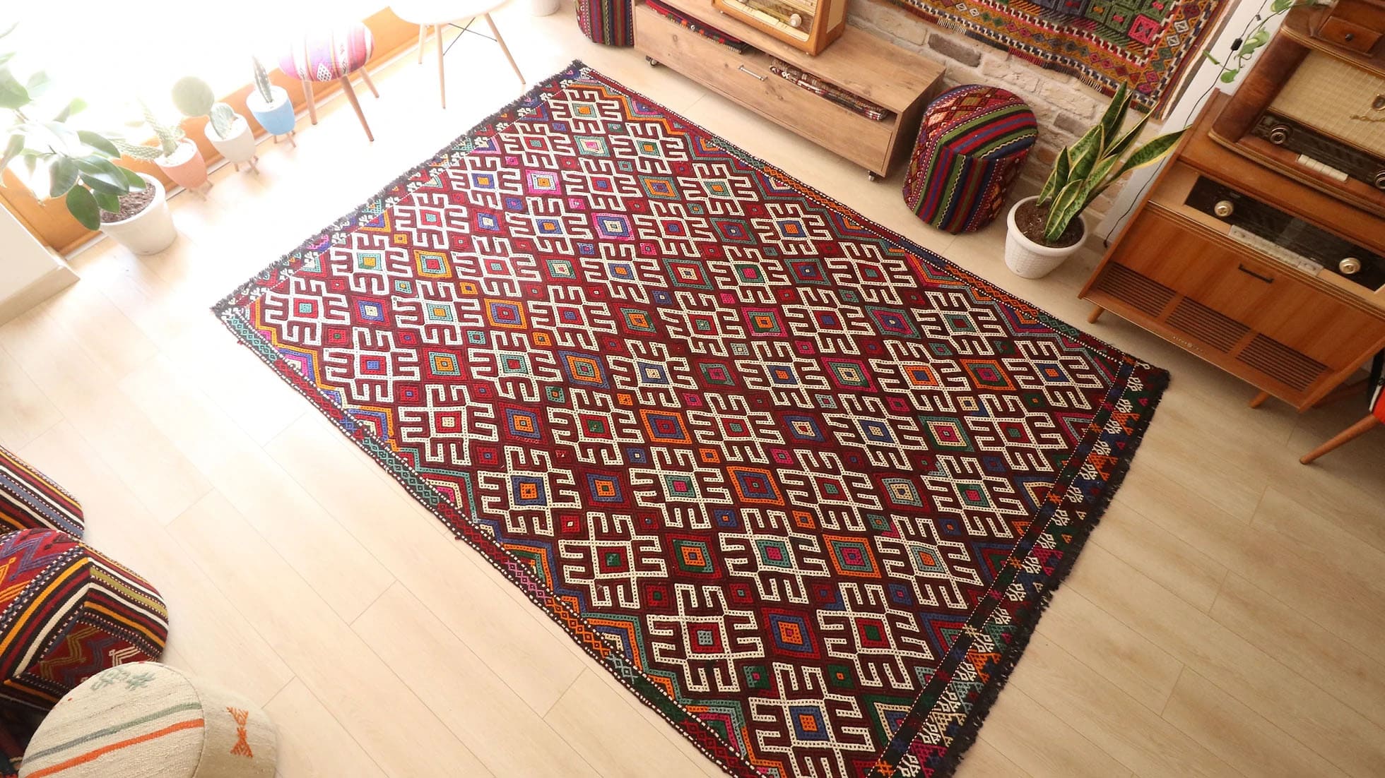 embroidered tribal Denizli Kurdish cecim kilim rug in many vibrant colors
