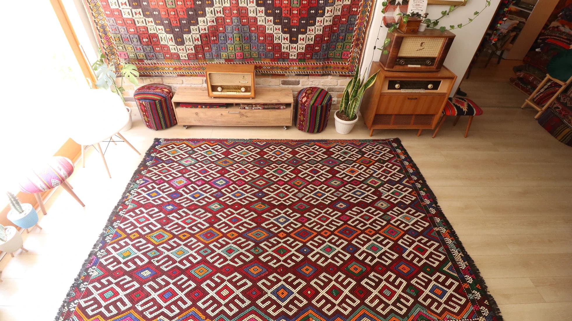 embroidered tribal Denizli Kurdish cecim kilim rug in many vibrant colors