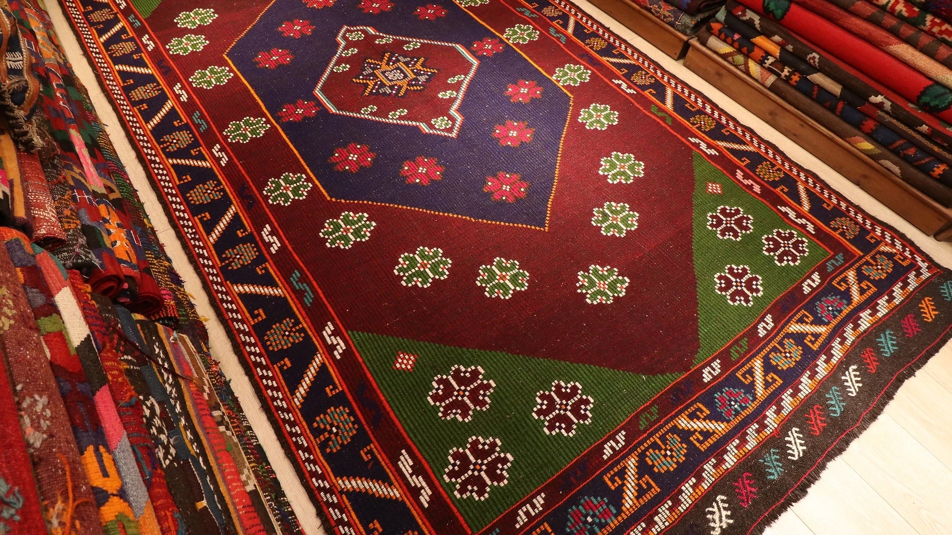 Vintage rare handmade oriental wool large area rug in rustic red