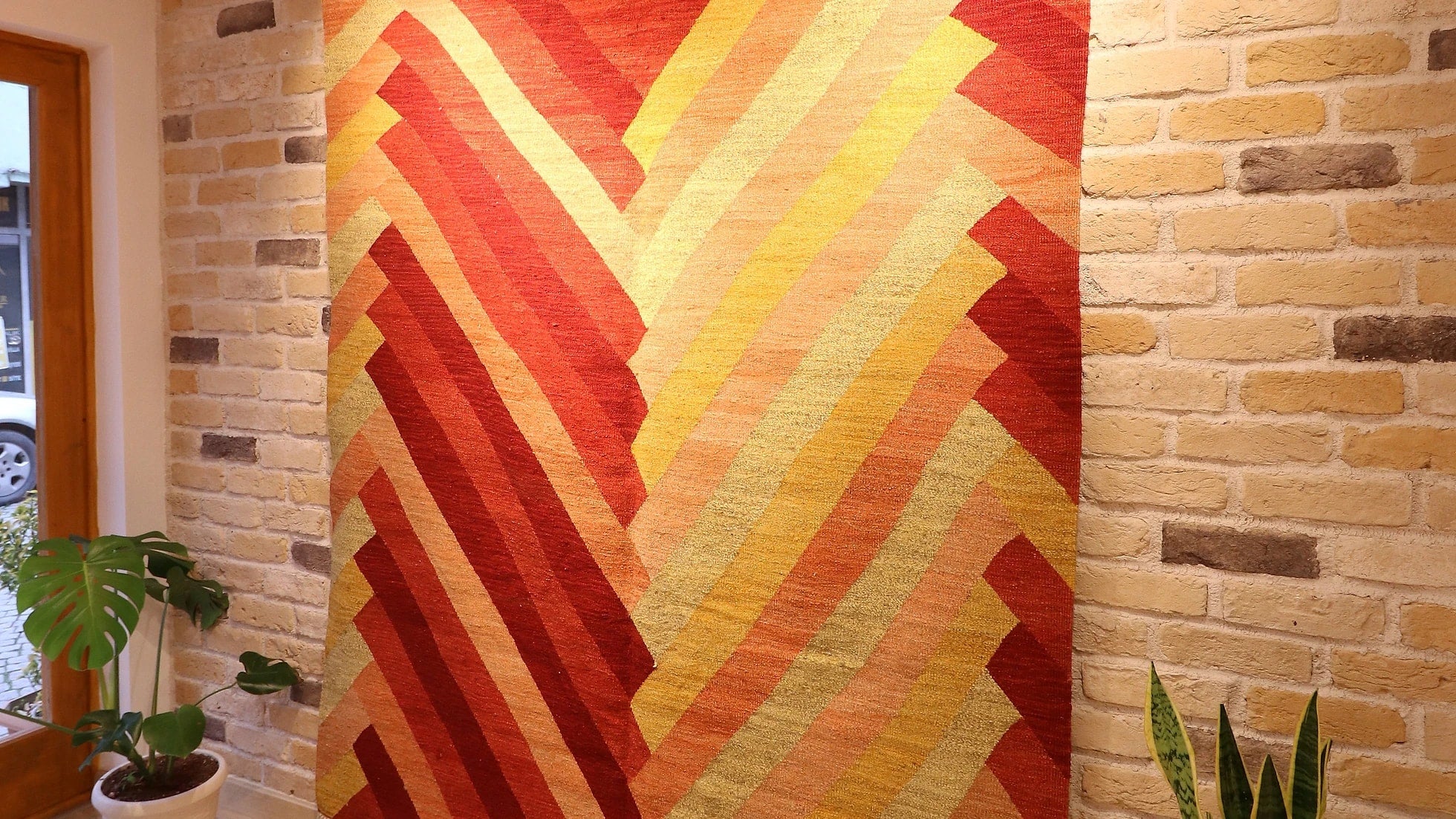 a glorious handmade modern and geometric Turkish kilim rug in art deco style from the 1980s