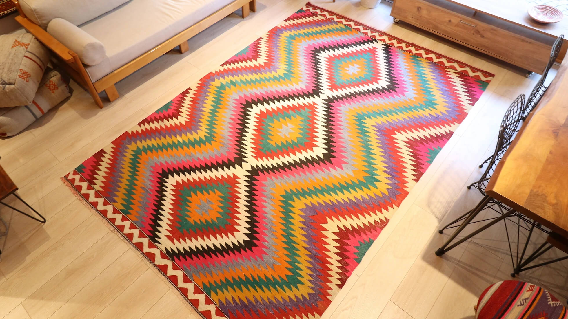 a very rare Turkish mid-century modern wool flat-weave rug in vibrant and colorful diamond and lozenge patterns in contemporary style