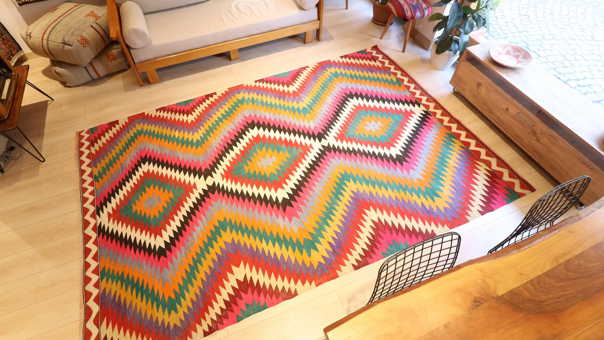 a very rare Turkish mid-century modern wool flat-weave rug in vibrant and colorful diamond and lozenge patterns in contemporary style