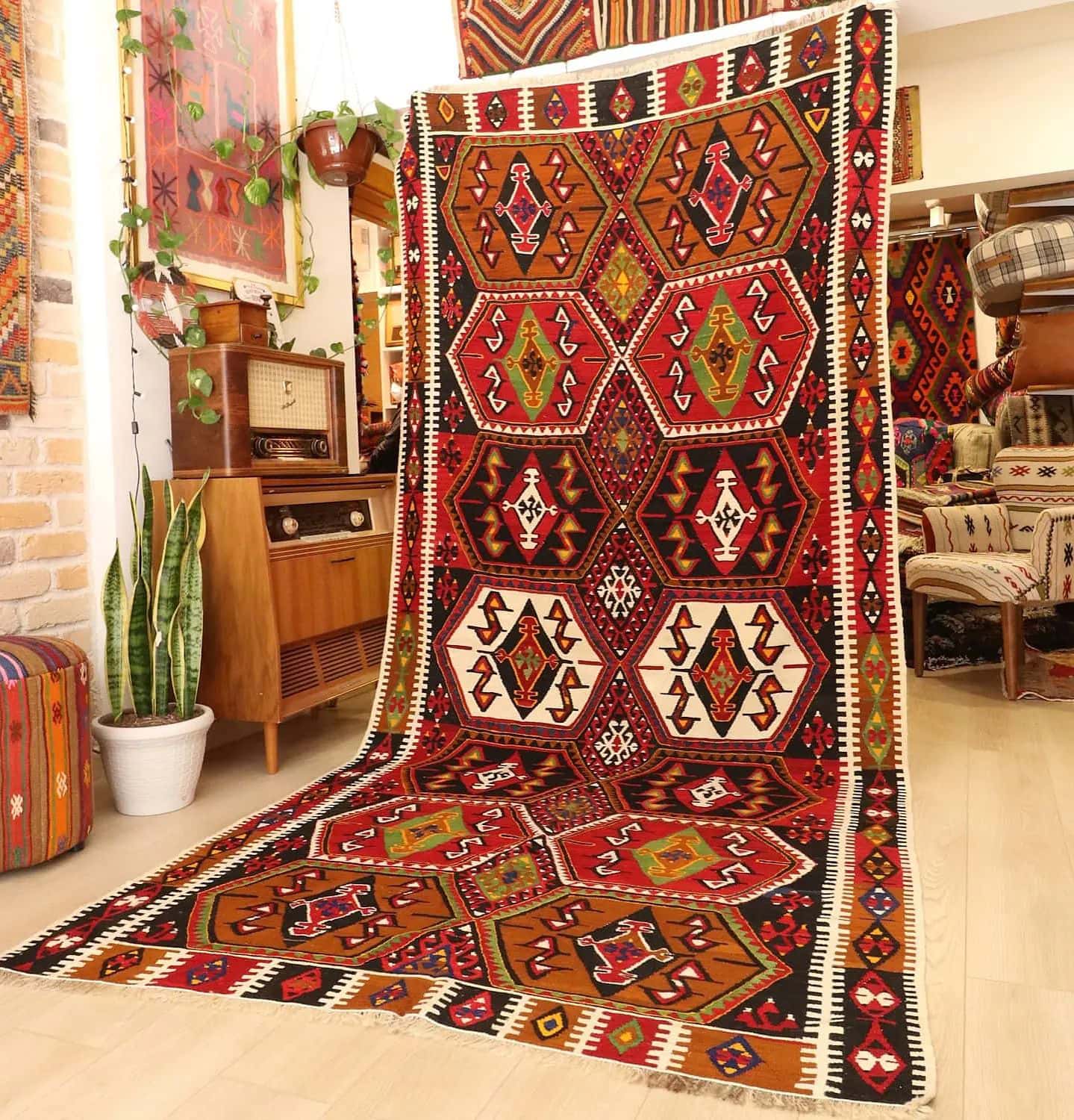 vintage handwoven flat-weave maras kilim rug with many geometric patterns in many traditional colors