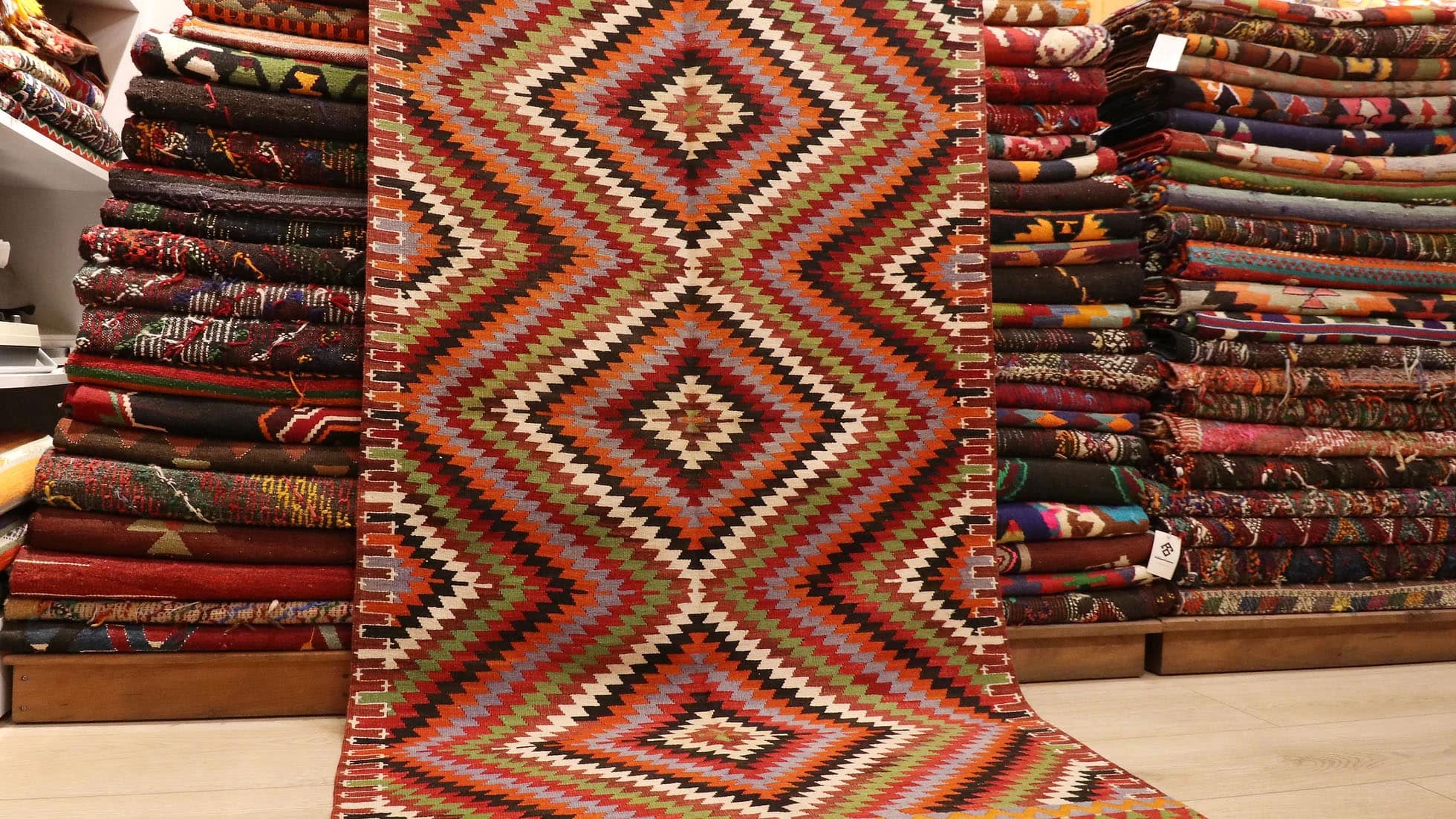 Mid-Century Modern Kilim Rug in Lozenge Patterns by Kilim Couture New York