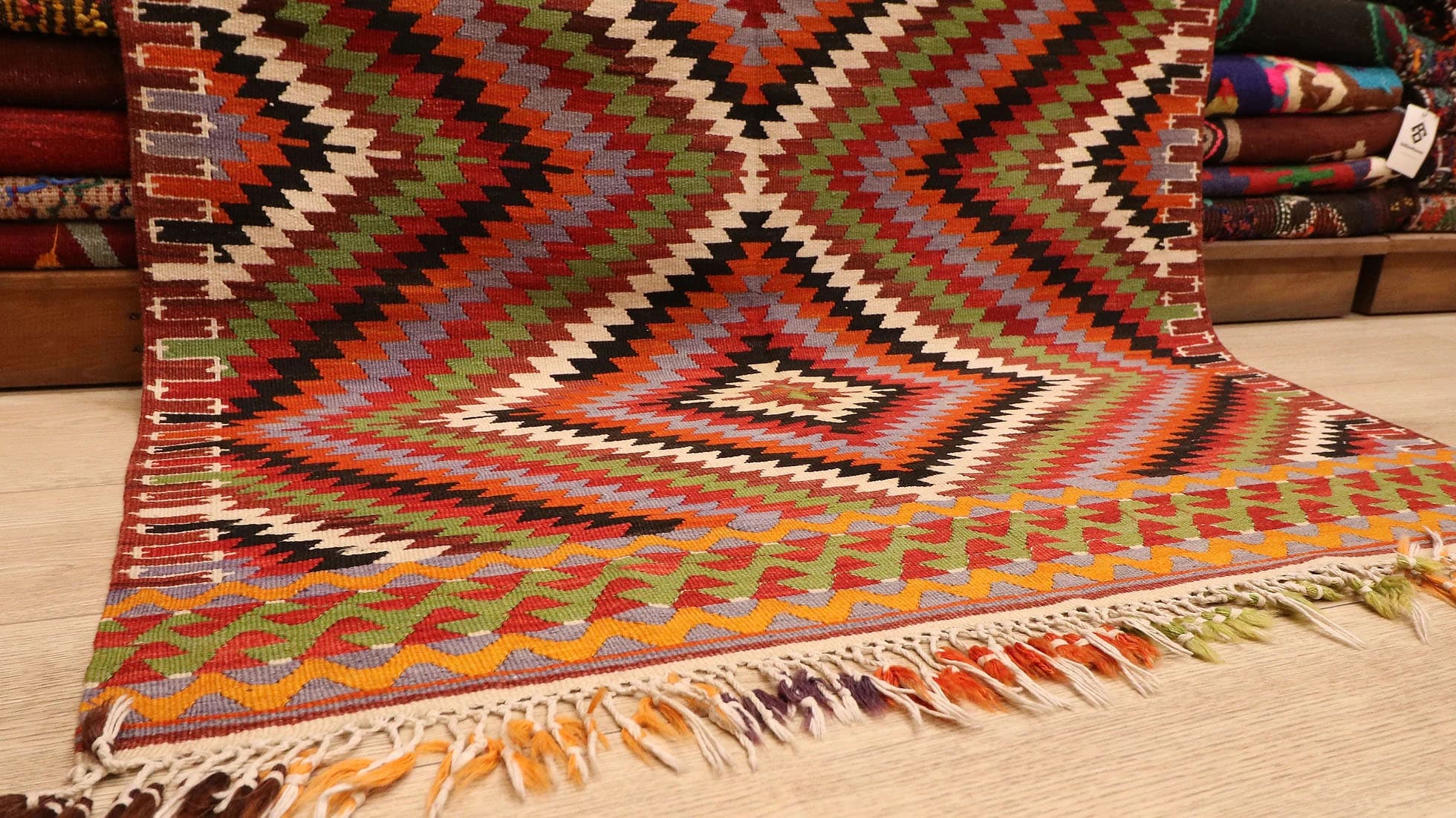 Mid-Century Modern Kilim Rug in Colorful Lozenge Patterns with Fringes