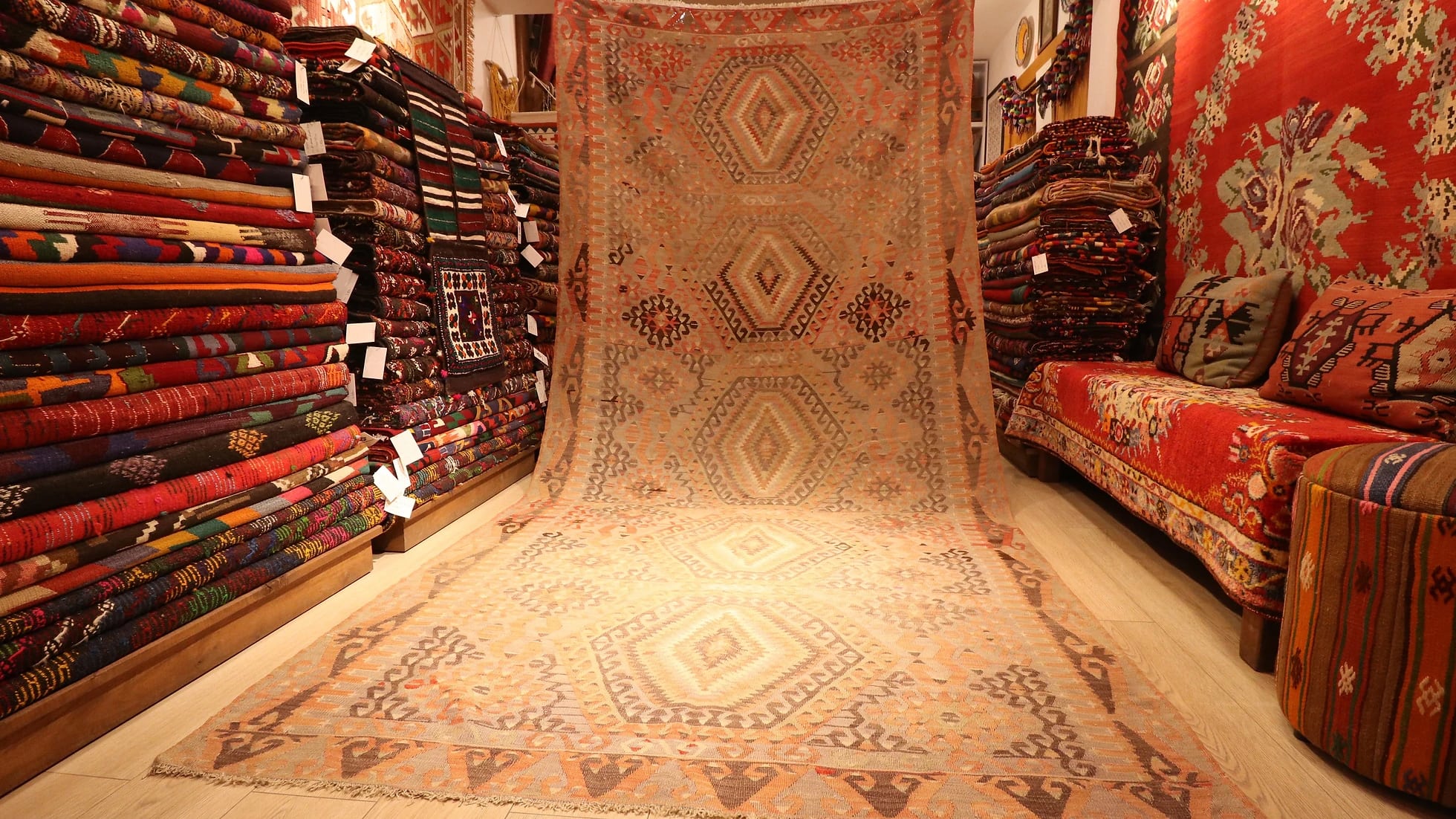 vintage oushak wool large area carpet in earthy brown tones