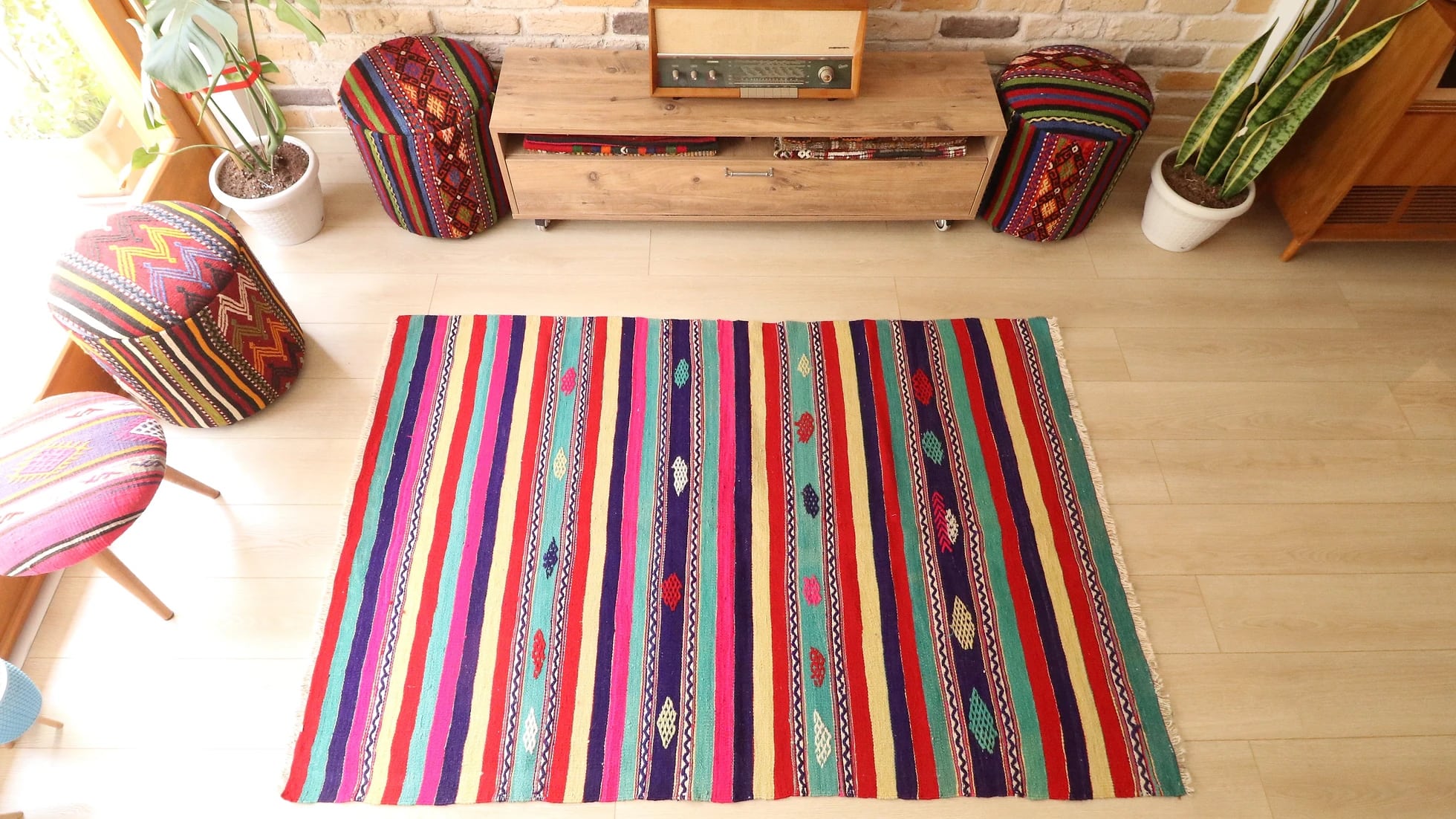 handknotted Turkish Rug in colorful striped patterns in NYC rug gallery