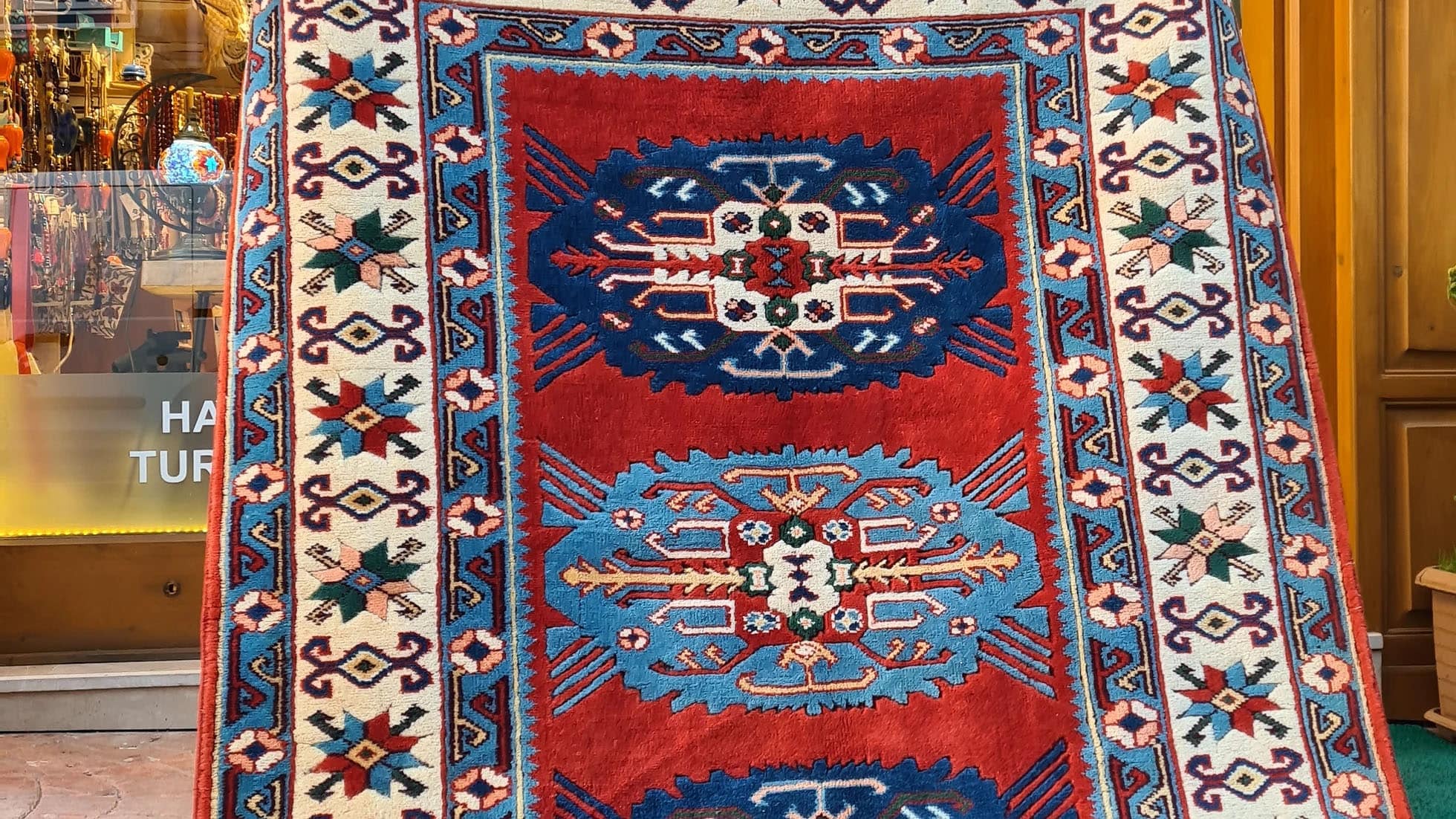 Vintage Turkish Handwoven Rare Pergamon Oriental Carpet with Medallions and Floral Patterns in Red, Blue