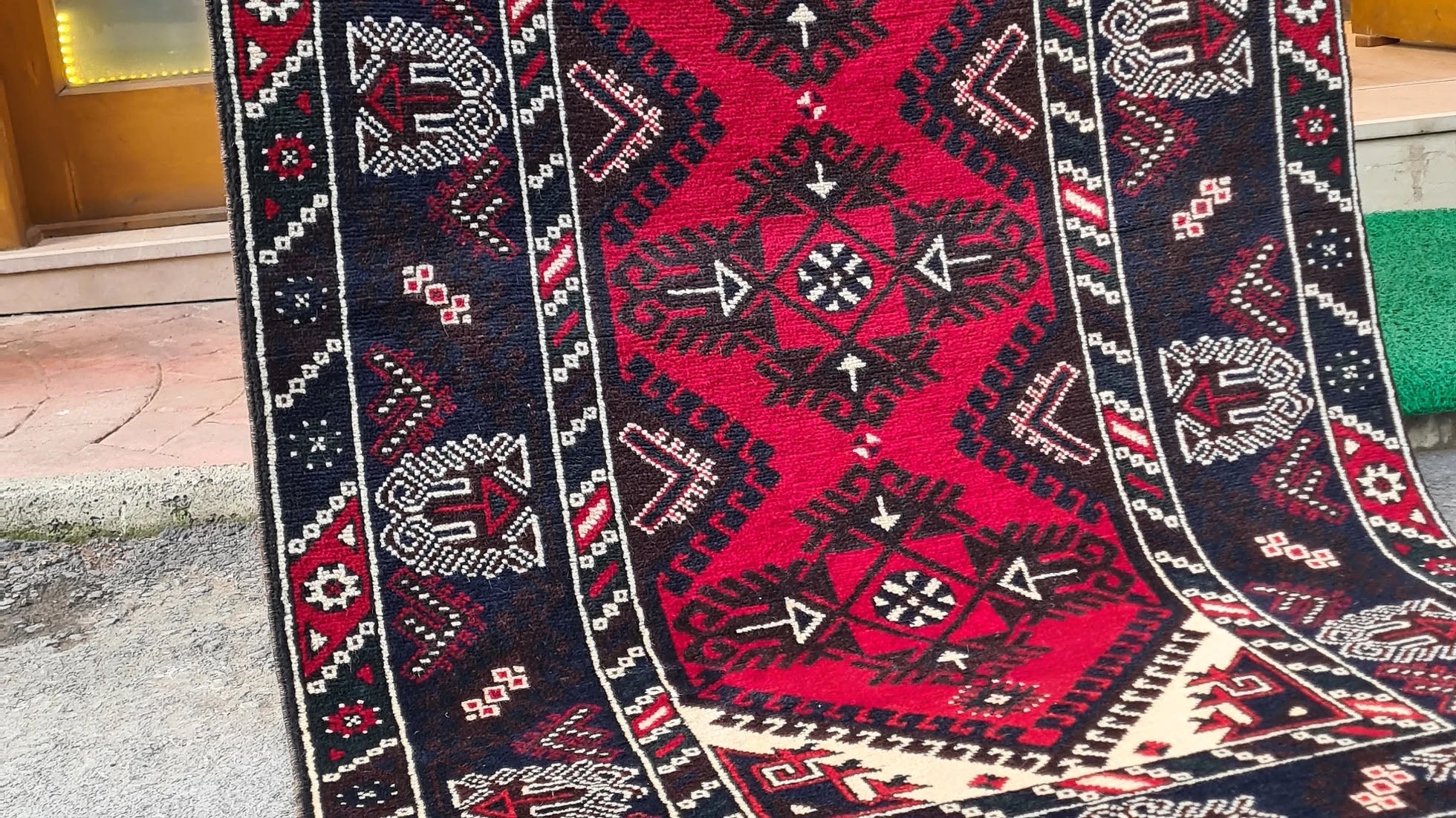 Vintage Dosemealti Oriental Rug from 1960s-1970s, 4x6 ft, handwoven in Antalya, Turkey, with Gordes knot. Features earthy tones of crimson, terracotta, beige, and blue with black accents, made from natural wool.
