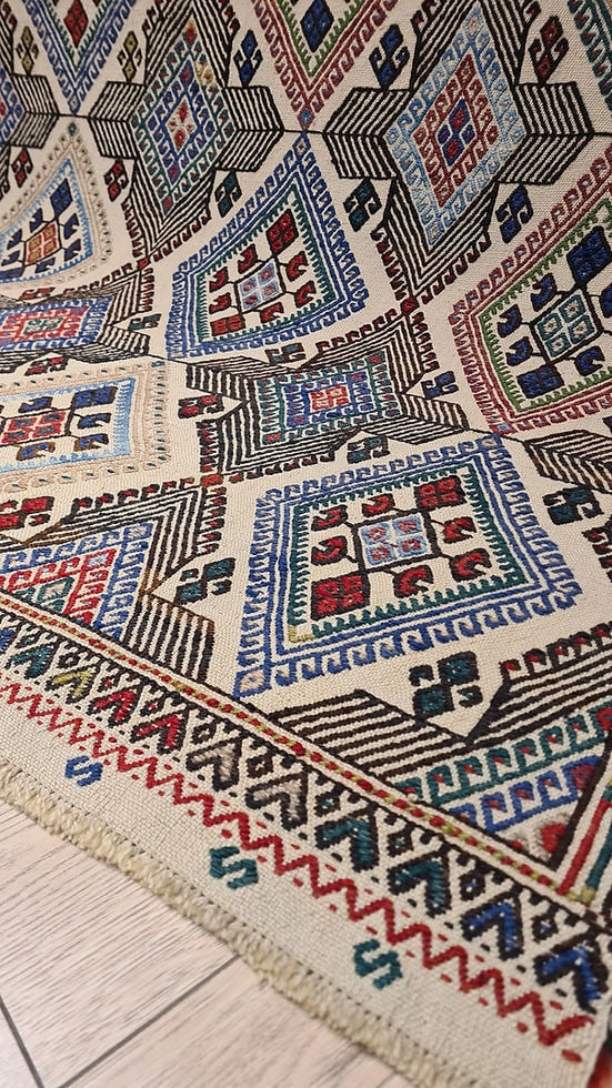 Unique 5x7 Mid-Century rug with intricate patterns and cultural symbolism—perfect for adding heritage and elegance to a Soho loft, Upper West Side luxury home, or Hamptons house.