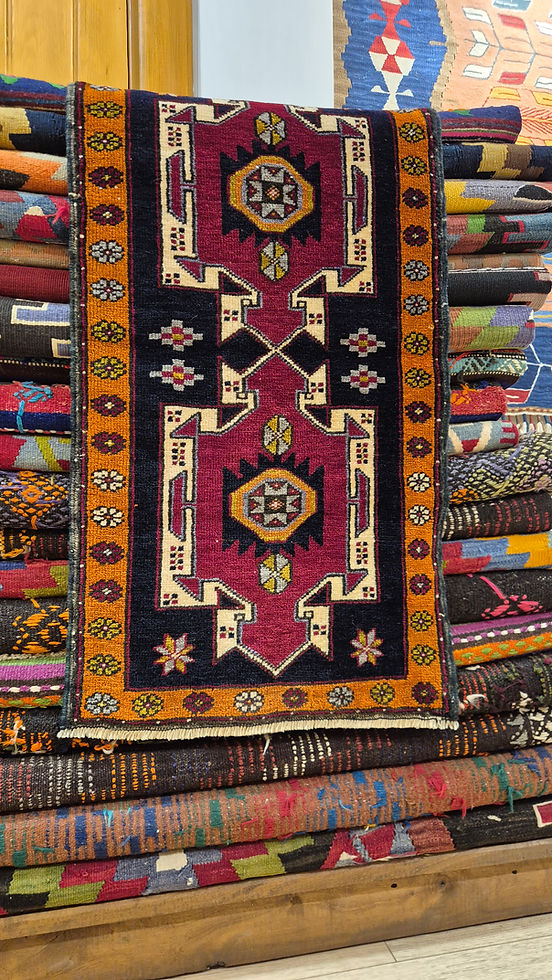 Handmade vintage Turkish rug with geometric medallion and floral border wool