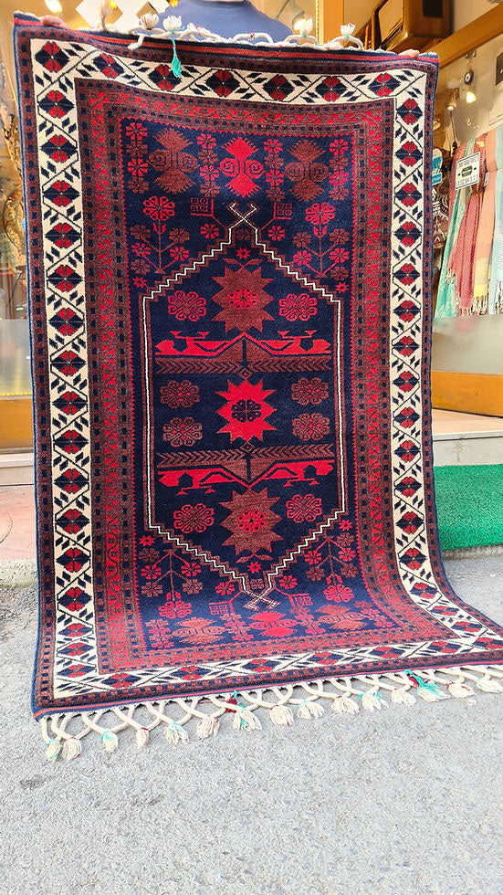 Vintage Yagcibedir Oriental Rug from Balikesir, Turkey, 4x6 ft Hand-knotted by Yuruk artisans using natural wool and dyes, this floral runner features a harmonious burgundy and navy palette with intricate floral motifs and a refined border. Perfect for hallways, entryways, kitchens, or living spaces, this heirloom-quality piece combines timeless artistry, durability, and Anatolian heritage.
