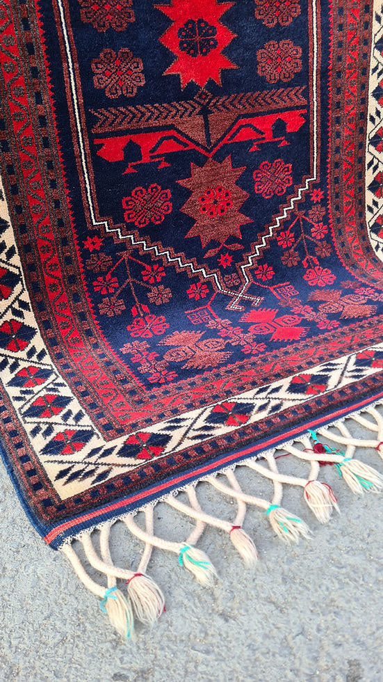 Vintage Yagcibedir Oriental Rug from Balikesir, Turkey, 4x6 ft Hand-knotted by Yuruk artisans using natural wool and dyes, this floral runner features a harmonious burgundy and navy palette with intricate floral motifs and a refined border. Perfect for hallways, entryways, kitchens, or living spaces, this heirloom-quality piece combines timeless artistry, durability, and Anatolian heritage.