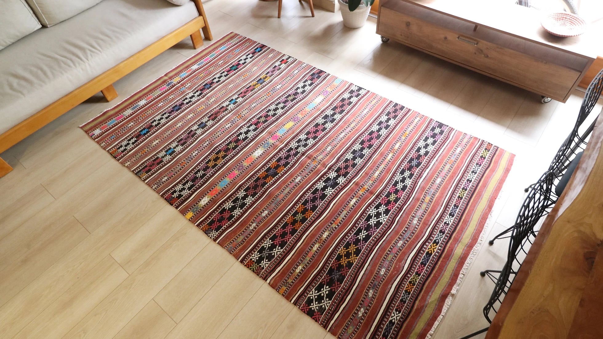 a gorgeous vintage hand-knotted Turkish striped kilim rug in neutral rustic colors by Kilim Couture New York