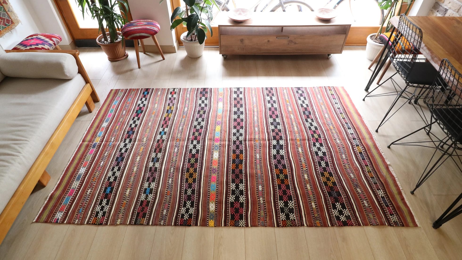 a gorgeous vintage hand-knotted Turkish striped kilim rug in neutral rustic colors by Kilim Couture New York