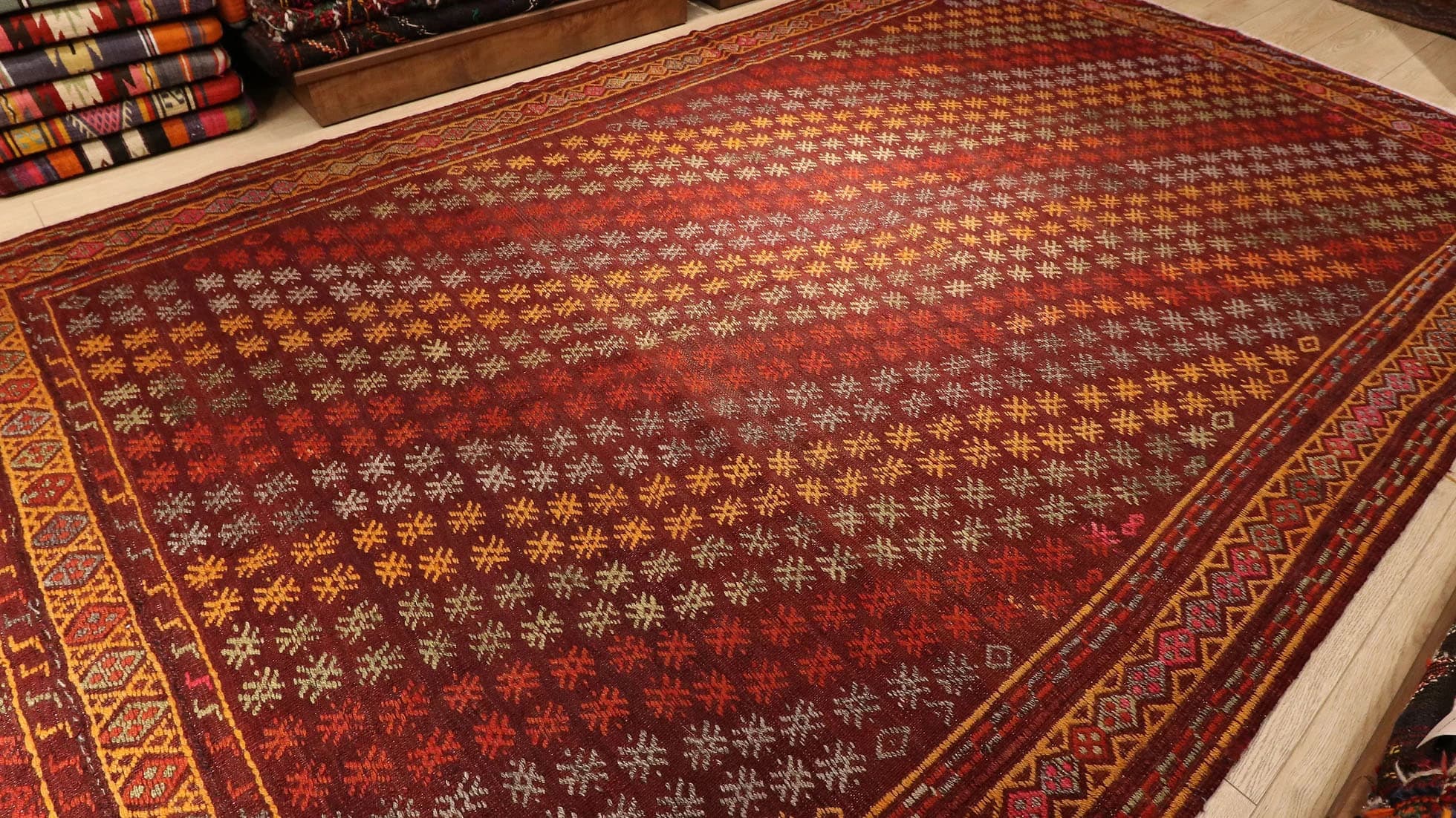 a majestic and rare Turkish flat oriental rug in red traditional motifs from Denizli