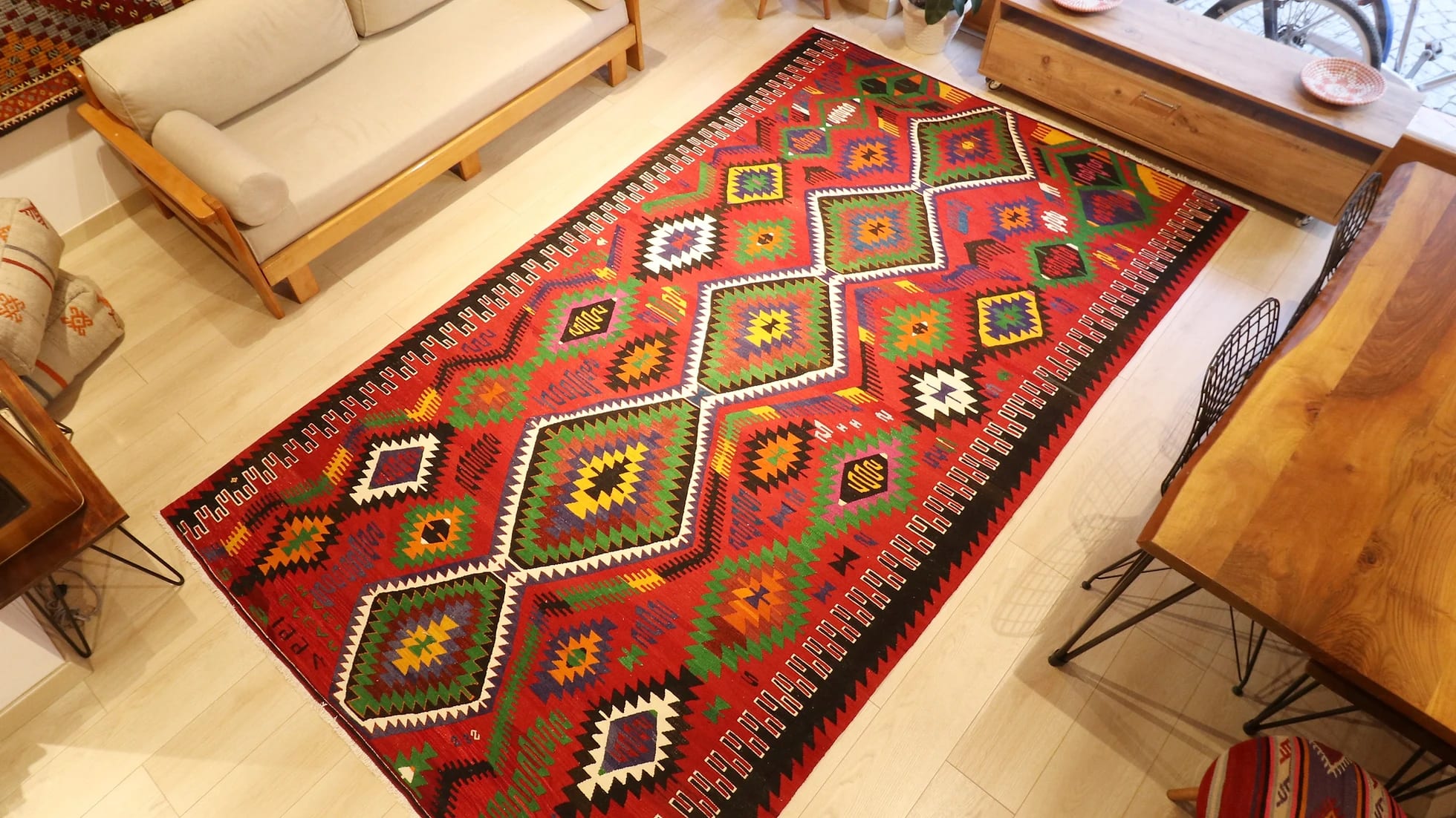 signed vintage Oushak esme tribal kilim rug in colorful medallions and traditional motifs from Turkey