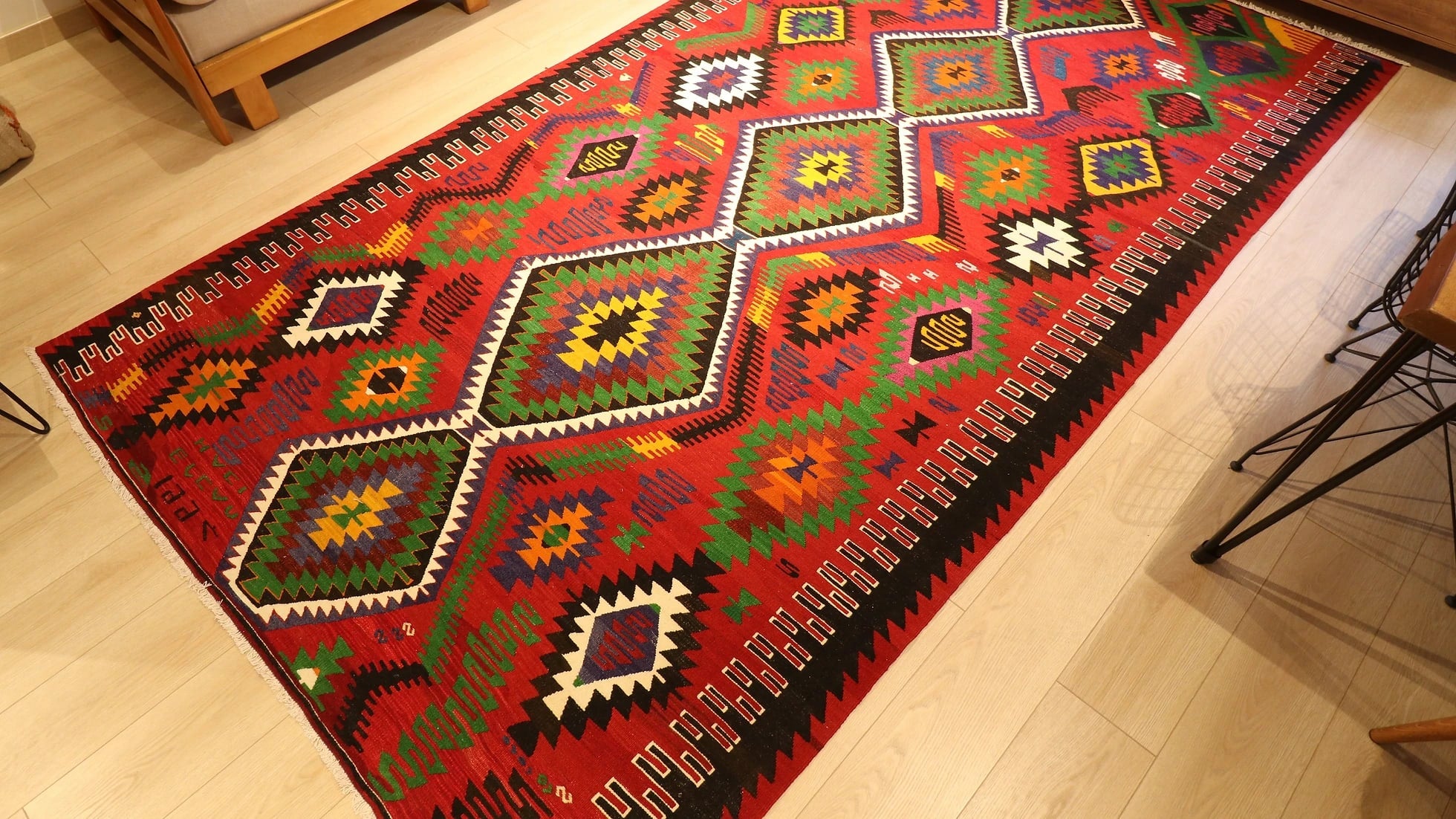 signed vintage Oushak esme tribal kilim rug in colorful medallions and traditional motifs from Turkey