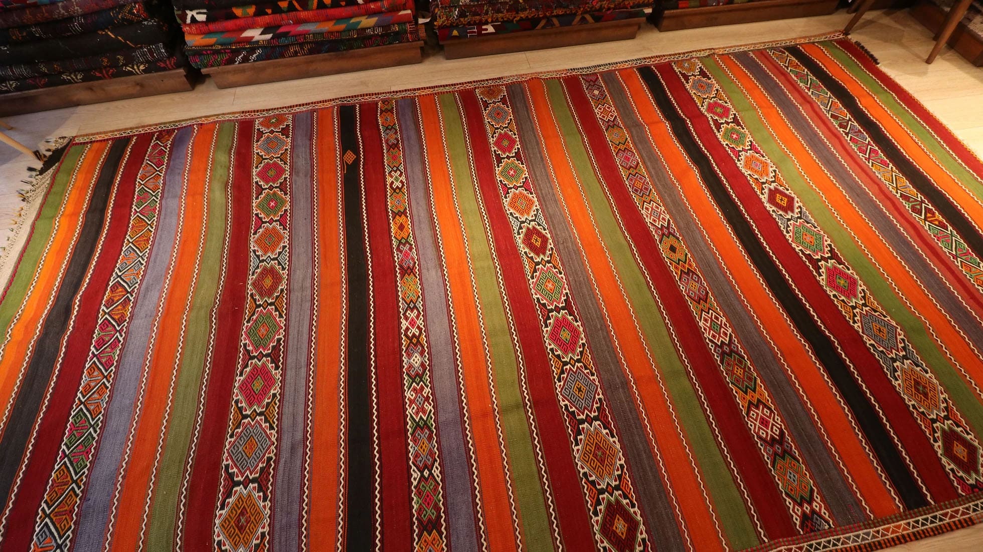 a majestic oversized Kurdish tribal flat-weave rug from the Kilim Couture New York rug gallery