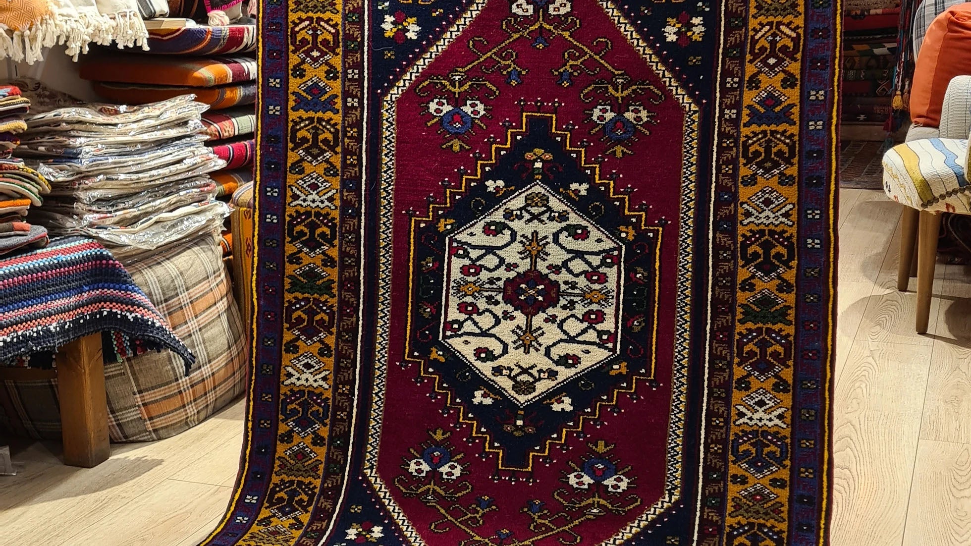 Vintage Yahyali Oriental Rug in scarlet, navy, and gold, 1950s hand-knotted runner at Kilim Couture New York