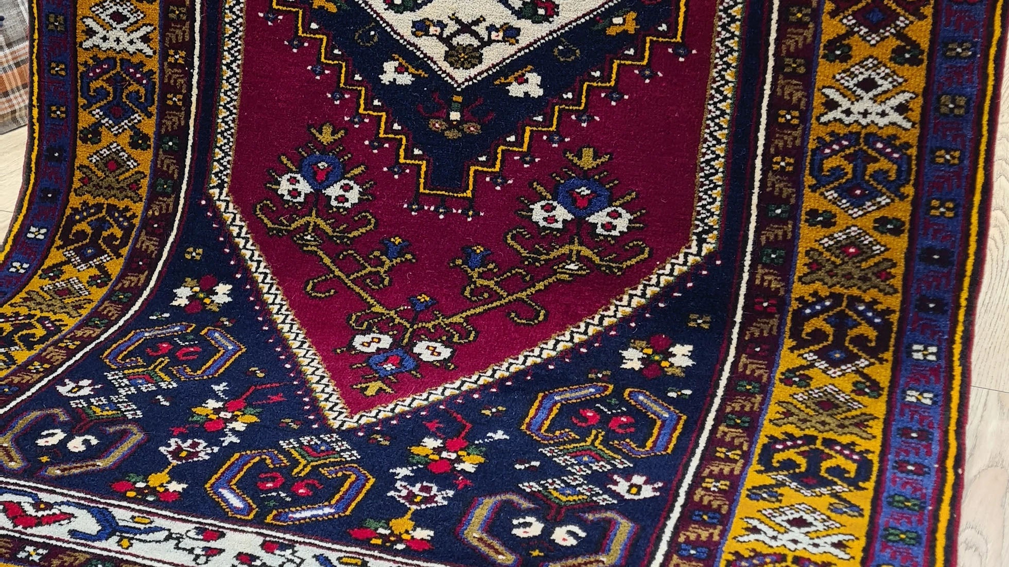 1950s Yahyali Turkish hand-knotted runner in traditional scarlet, navy, and gold at Kilim Couture New York