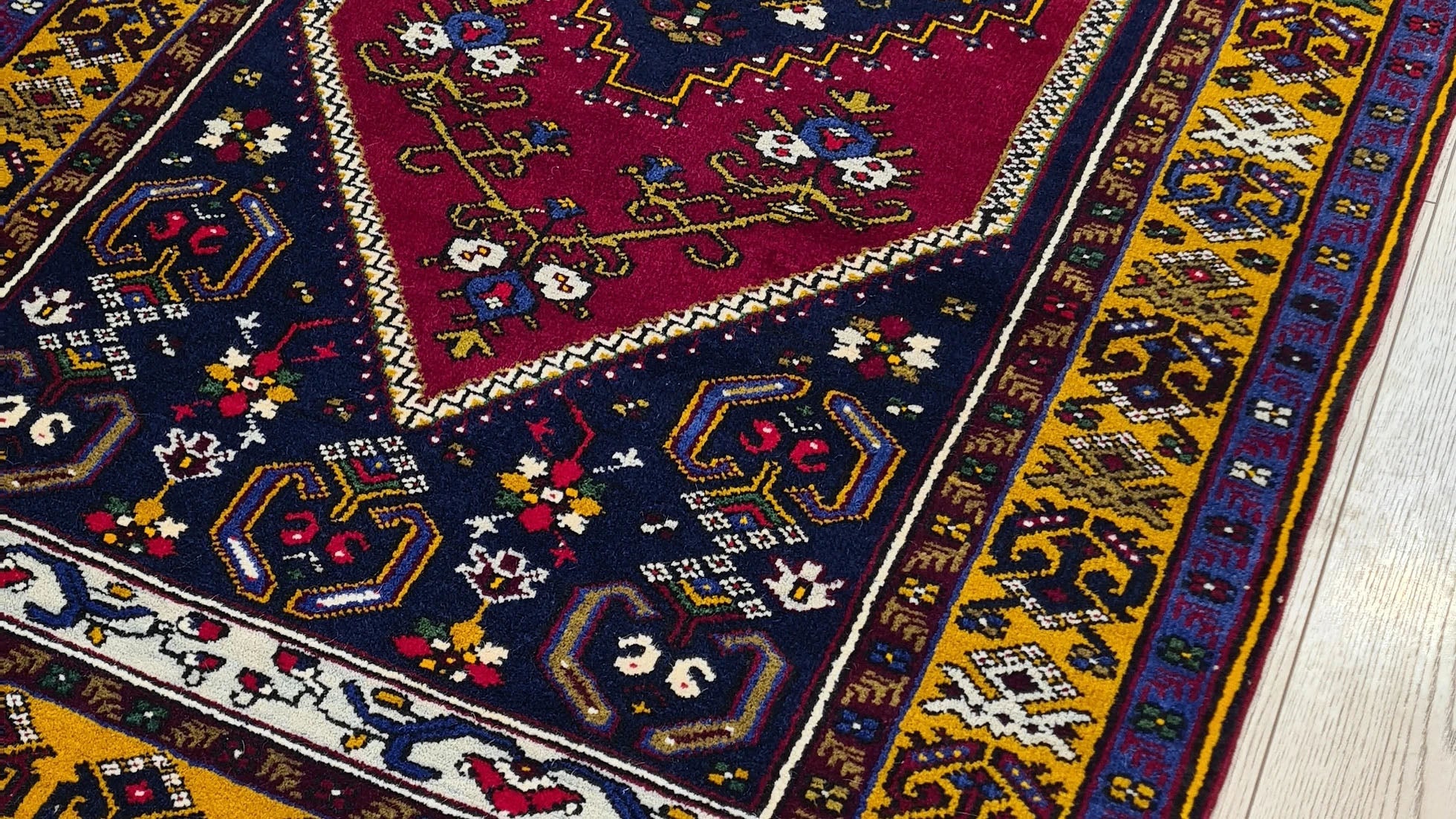 Handmade 1950s Yahyali runner in scarlet, navy, and gold at Kilim Couture New York