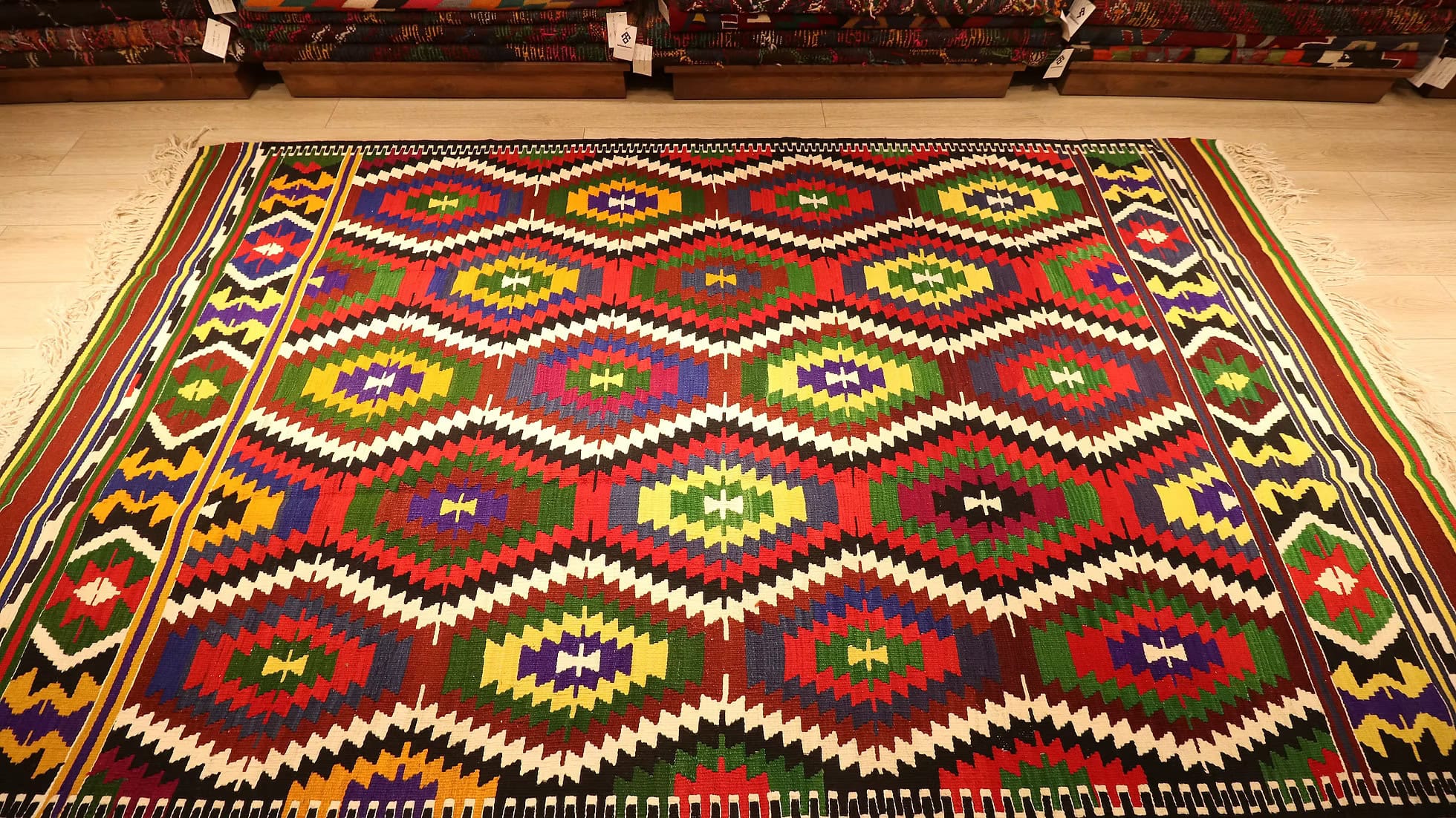 1960s Mediterranean Flat-Weave Wool Rug with Bold Diamond Motifs