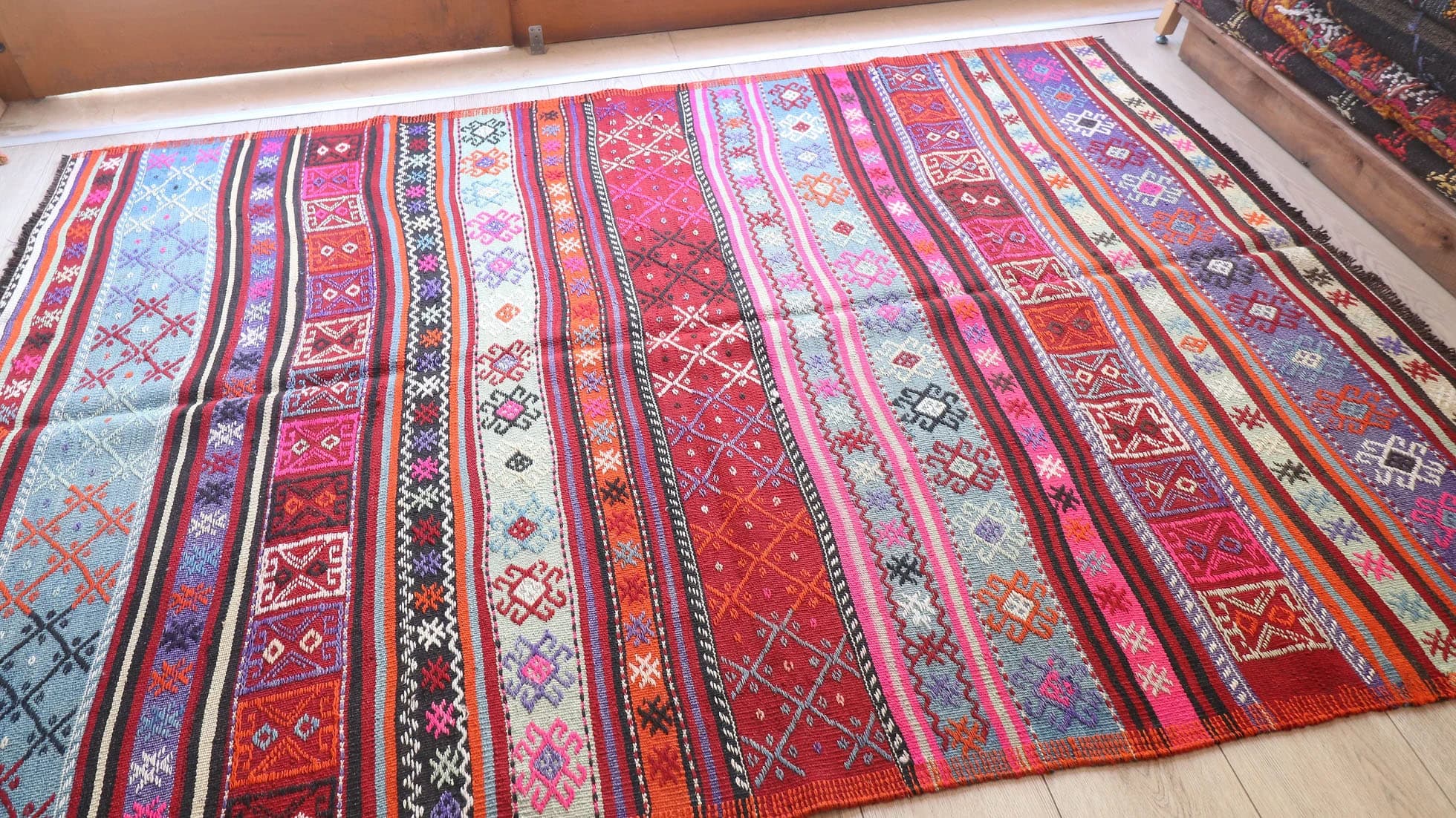 Vintage Wool Flat-Woven Rug in Pink, Red, Purple, Blue with Traditional Rug Motifs