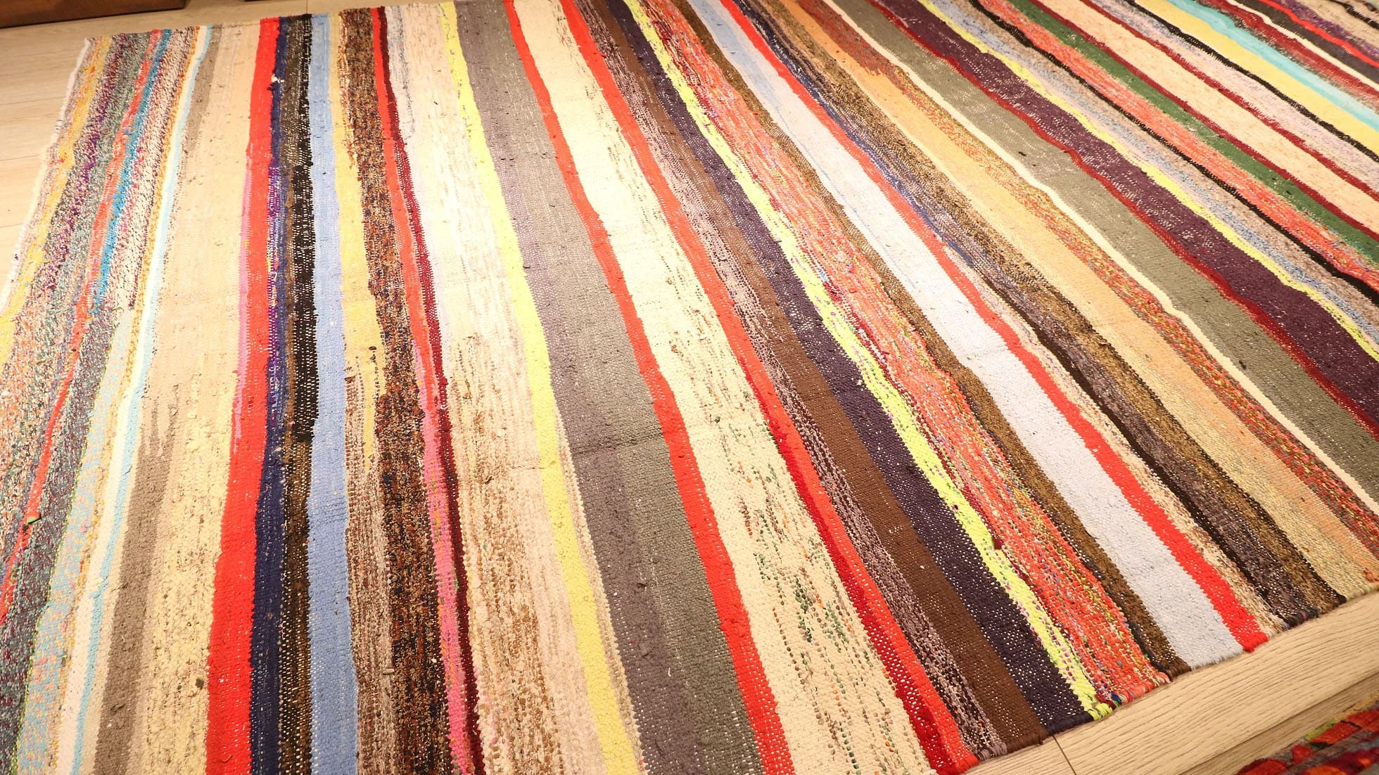 Vintage Rustic Striped Neutral Flat-Woven Rug in Pastel Tones
