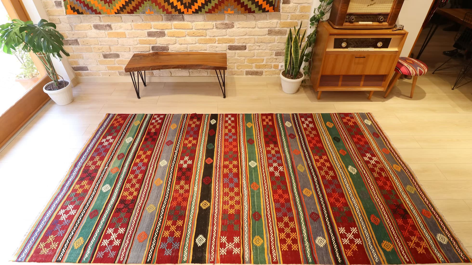 Antique Turkish  Large Area Kilim Rug Tribal Stripes in Red, Green, Gold