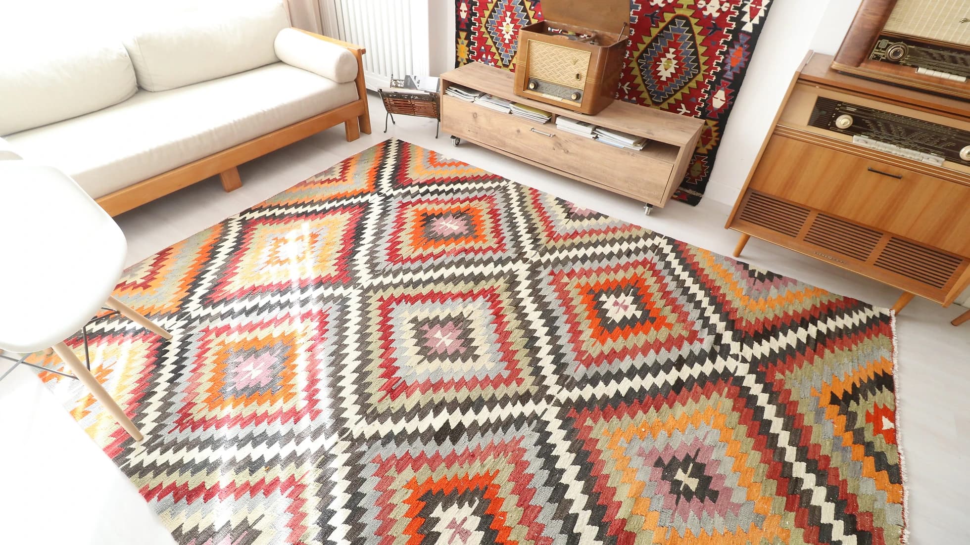 a very rare contemporary and vintage mid-century modern flat-weave Turkish rug in captivating pastel-toned diamond patterns