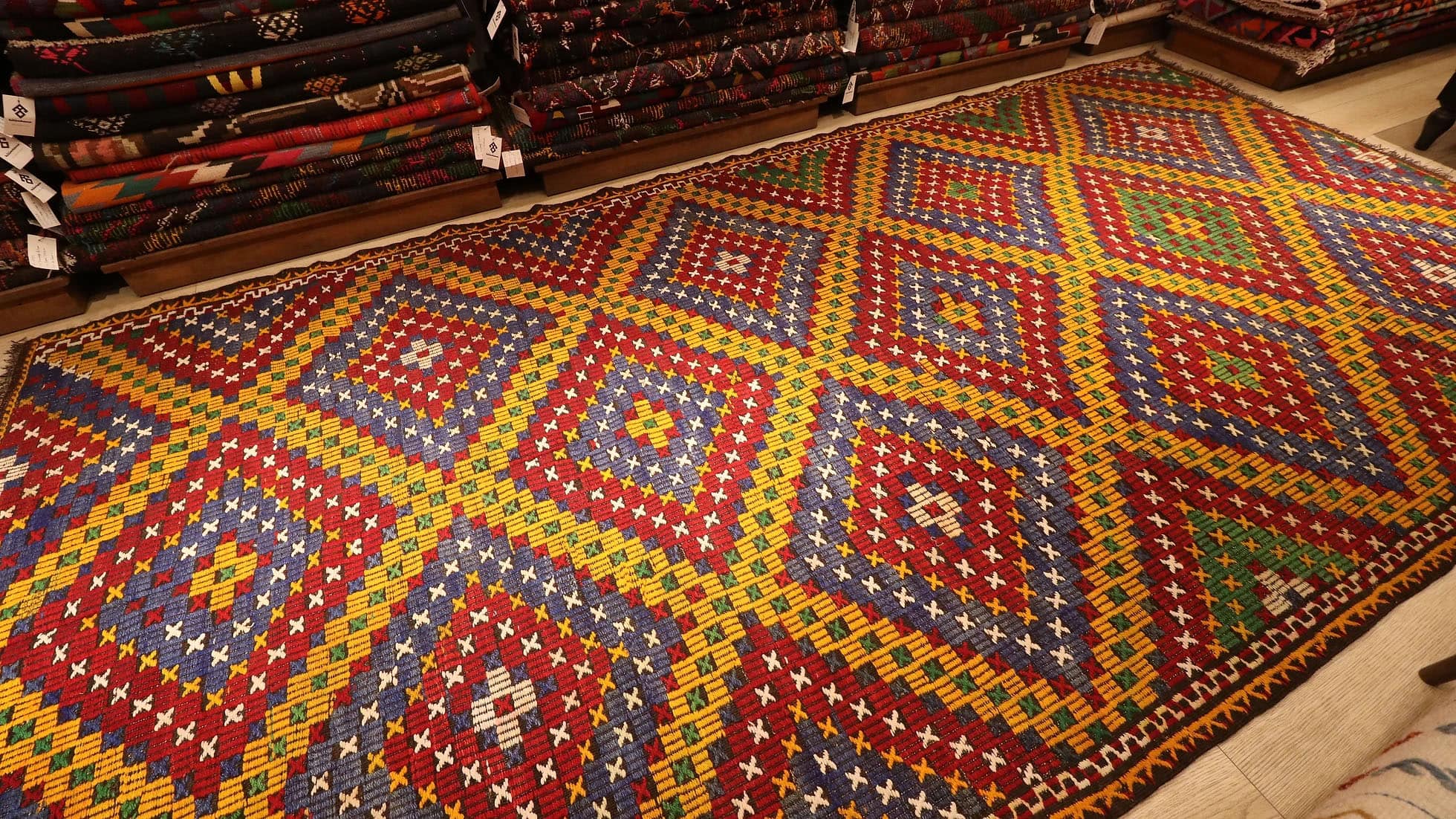 a very intricate and prestigious handwoven embroidered Kurdish runner rug from 1960s by KCNY