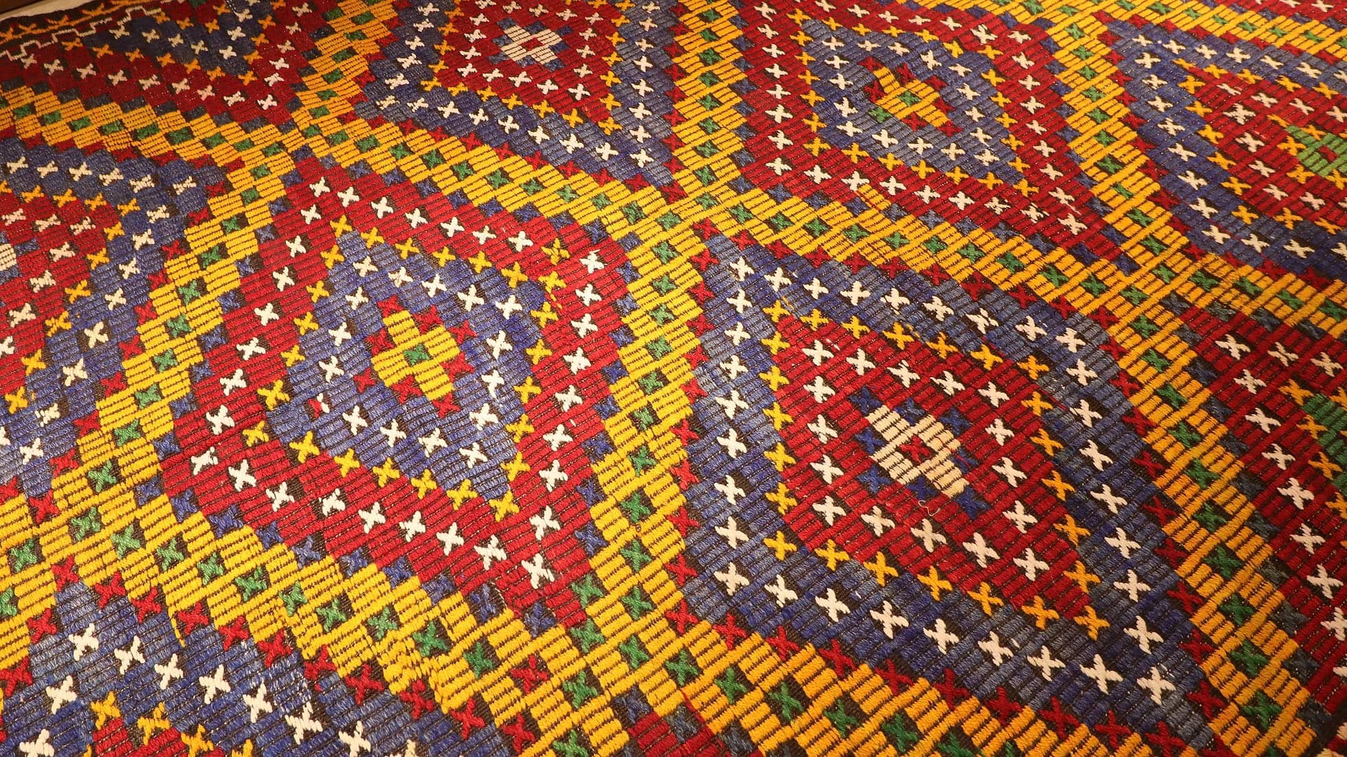 details of a very intricate and prestigious handwoven embroidered Kurdish runner rug from 1960s by KCNY