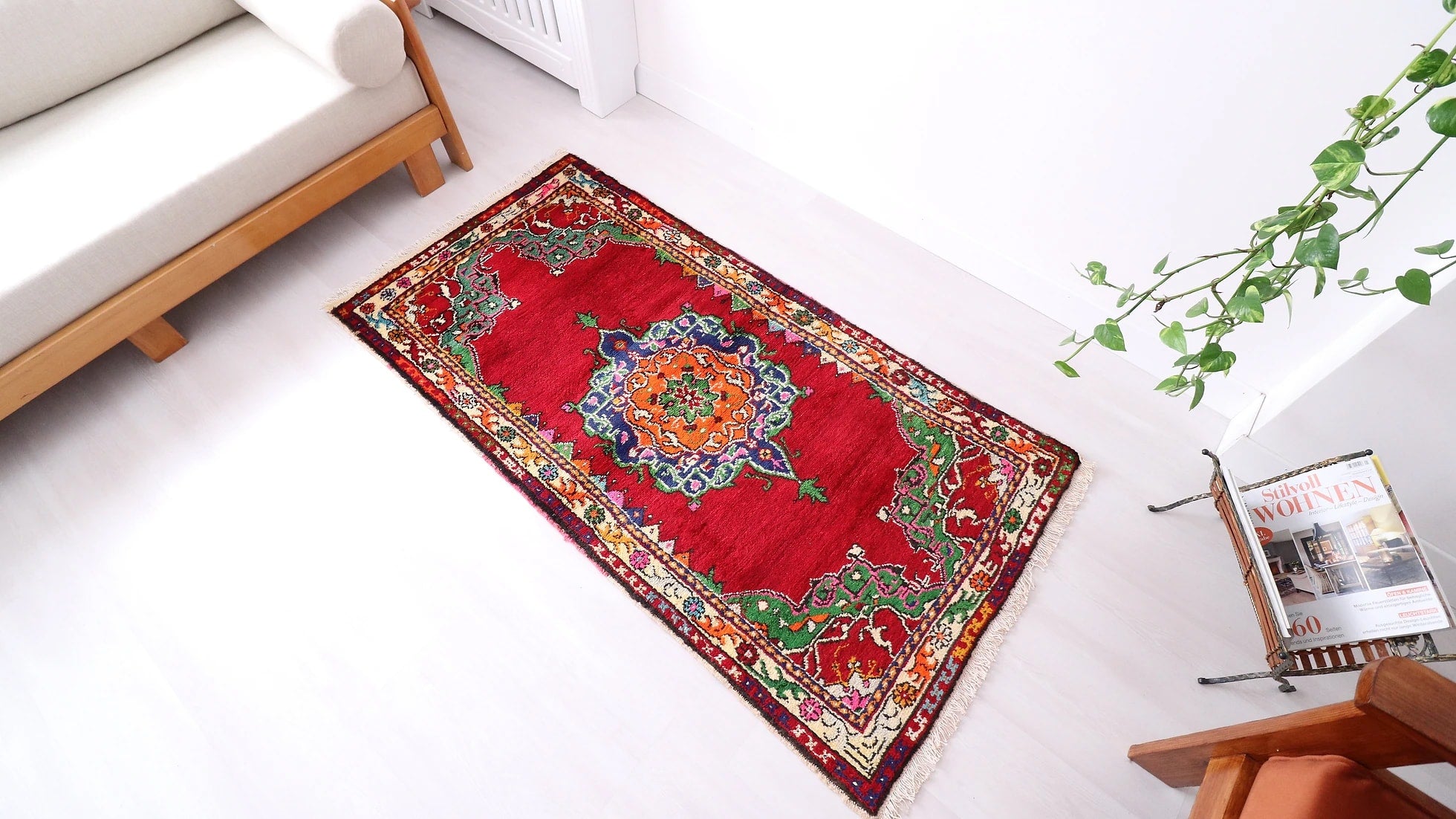 vintage hand-knotted medallion oriental rug in red from the 1960s era