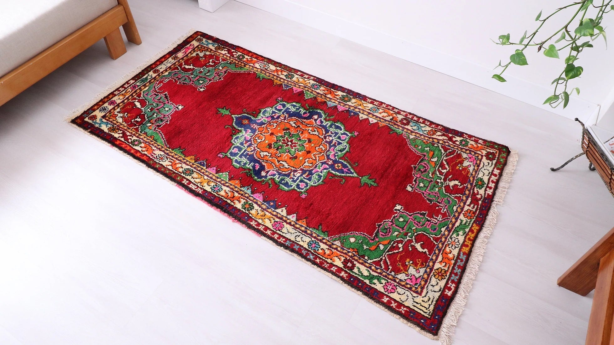 vintage hand-knotted medallion oriental rug in red from the 1960s era