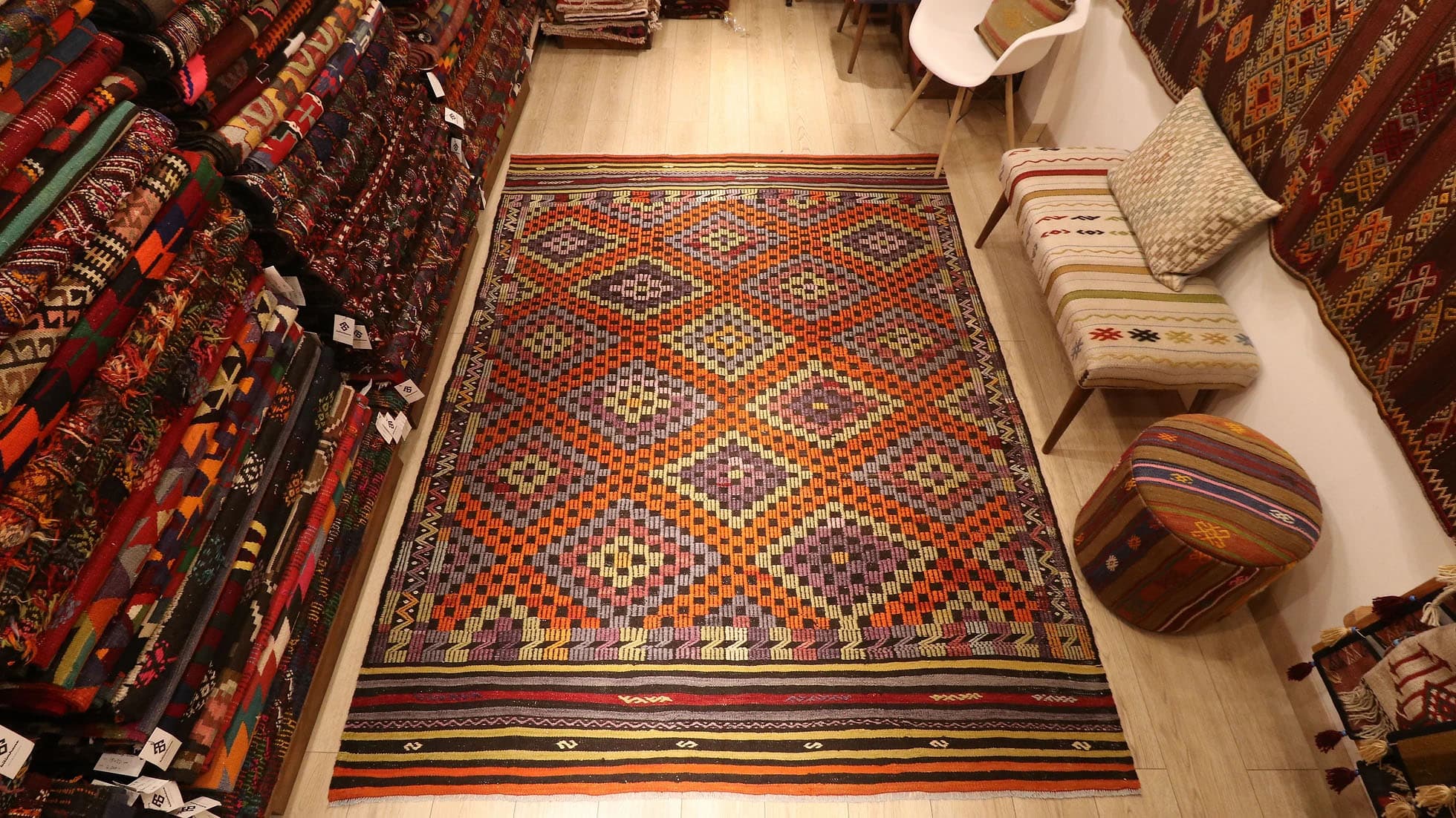 Vintage Rare Manisa Eclectic Cecim Kilim in Purple, Ivory Diamond Patterns by Kilim Couture New York Rug Store