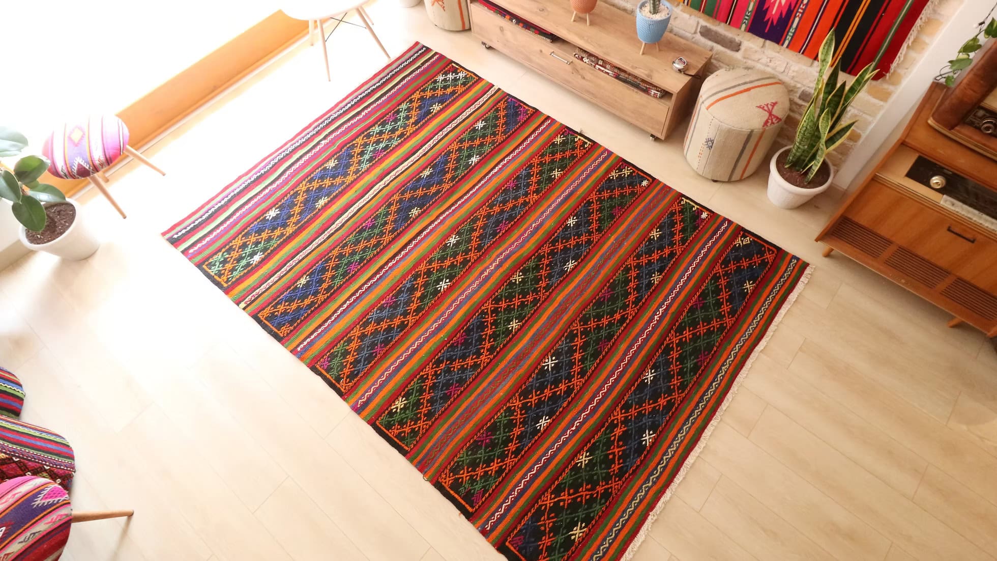 Vintage Turkish mid-century handwoven kilim, rare artisan rug for luxury interiors and high-end projects