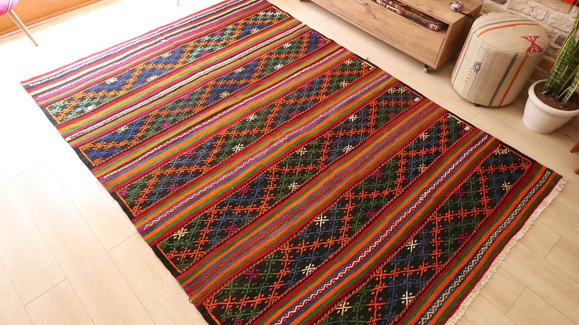 Authentic mid-century Turkish carpet, handwoven wool rug for interior design, staging, or cozy living spaces”