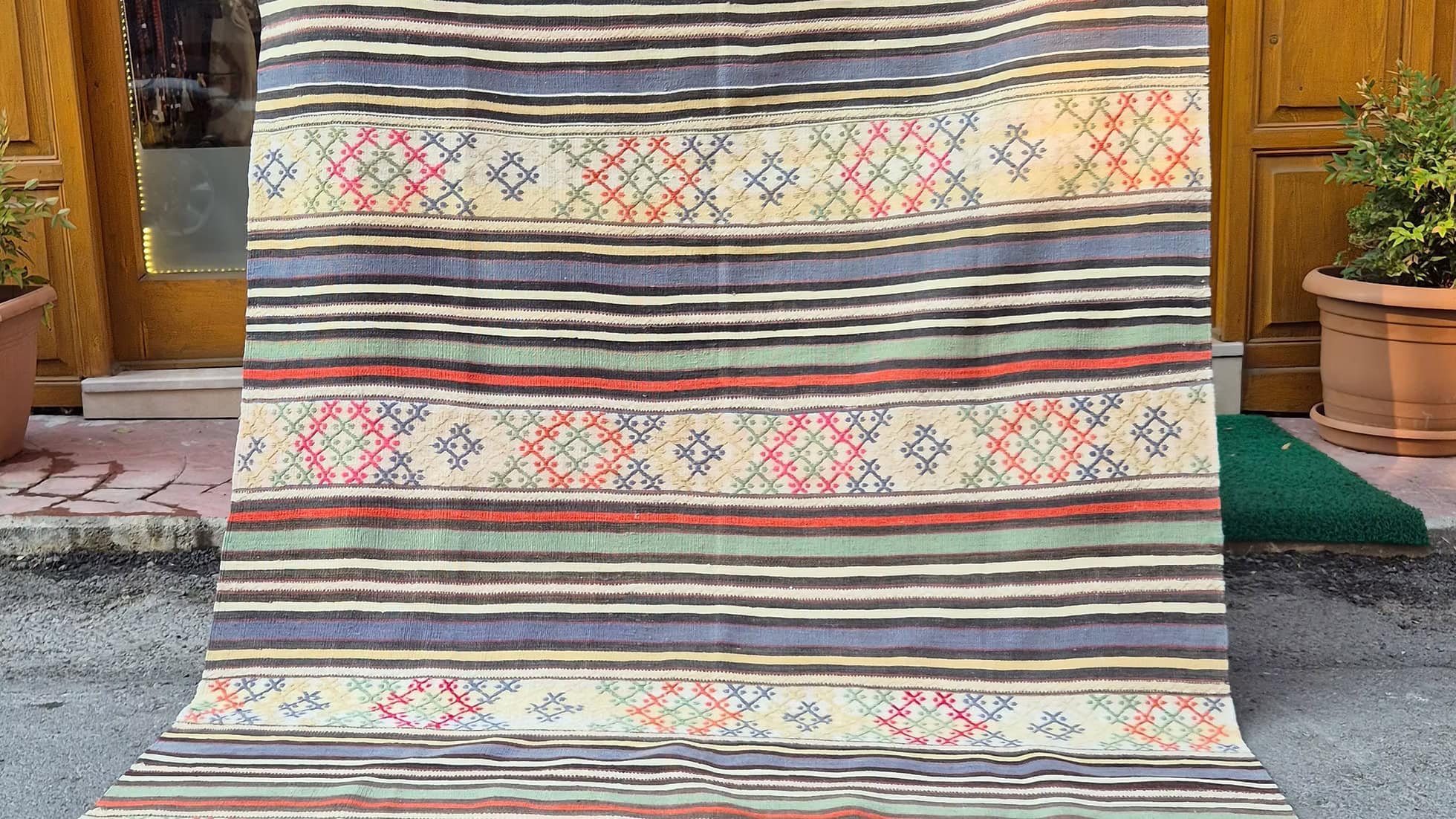 1950s vintage Turkish striped rug in Butter Yellow for rustic farmhouse and organic modern cottage decor
