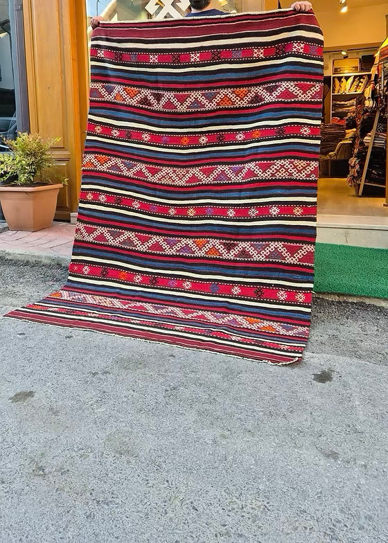 Vintage 1950s Turkish Handwoven Rustic Kilim Rug in Pomegranate and Denim Blue with Tribal Motifs