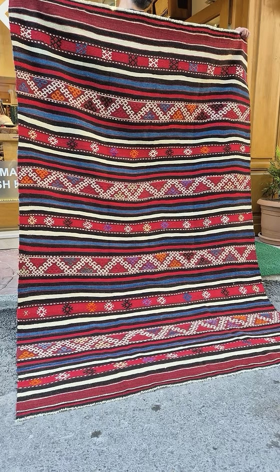 Artisanal Aegean Wool Rug in Red and Denim Blue with Purple and Orange Details