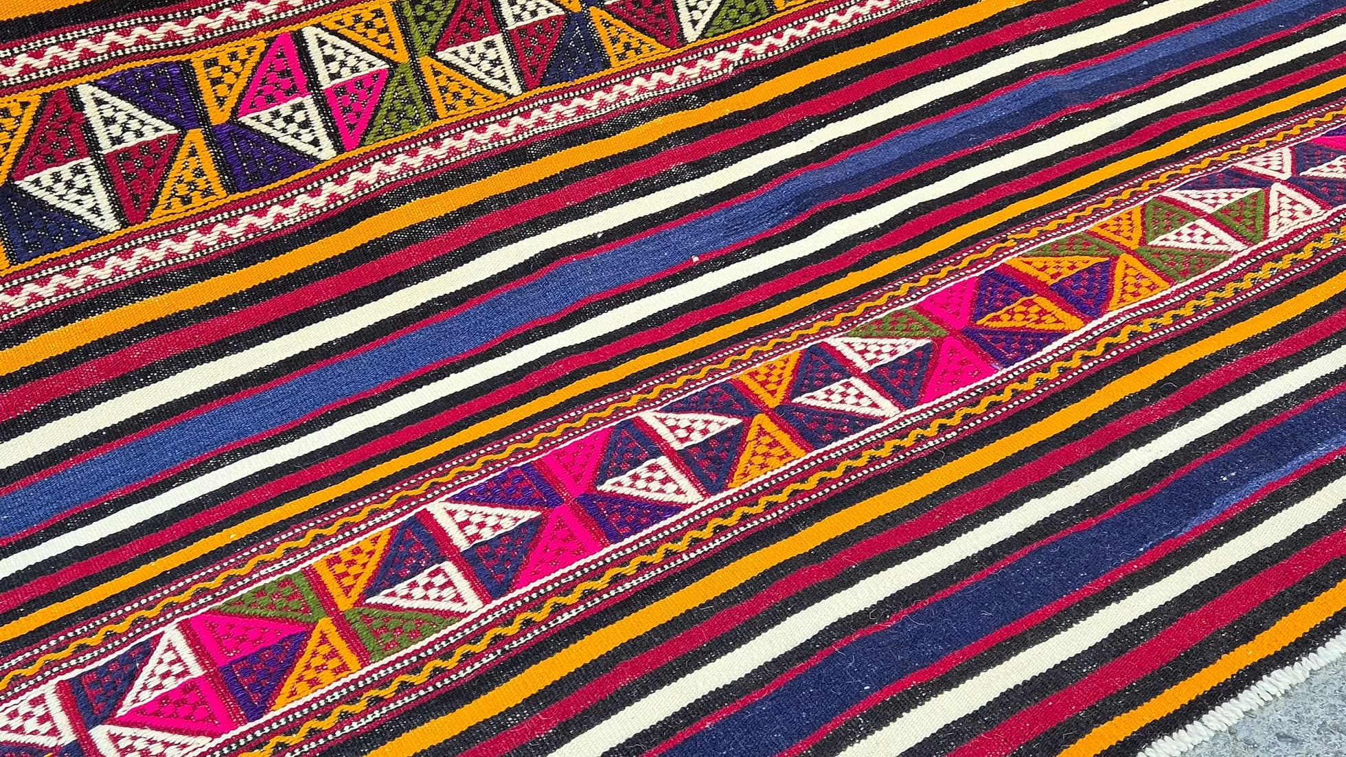 Close-up of a colorful vintage Turkish textile with geometric patterns and stripes