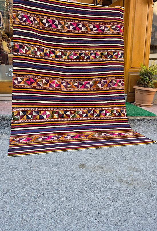 Kilim Couture New York rug store vintage flat-weave kilim with vibrant, organic rustic stripes.