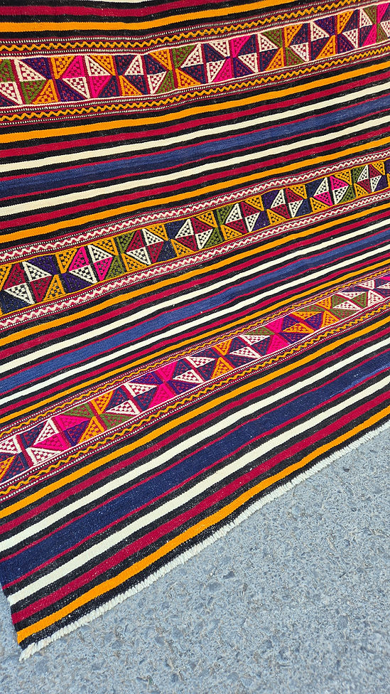 Close-up of a colorful vintage Turkish textile with geometric patterns and stripes