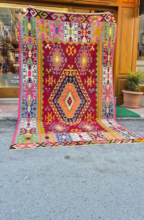 Large 6x9 Turkish rug antique handwoven wool and cotton flat-weave traditional design