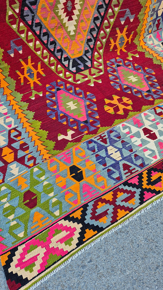 Handmade Turkish flat-woven kilim rug vintage 1950s pomegranate red with colorful dragon patterns