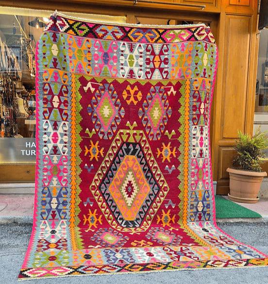 Large 6x9 Turkish rug antique handwoven wool and cotton flat weave traditional design