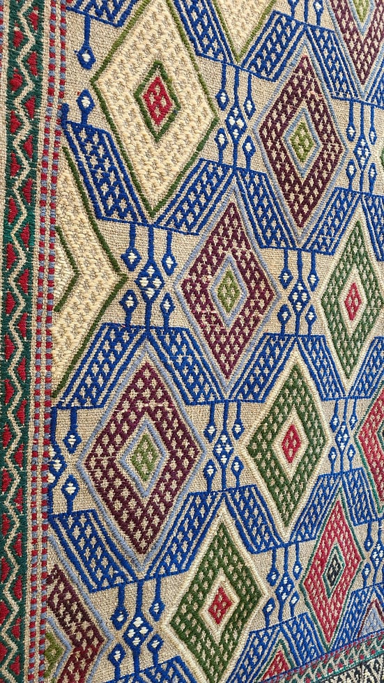 Rare Turkish Handwoven Kilim in Ivory Pearl, Submarine Blue, and Burgundy Tones