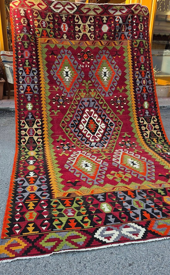 Vintage tribal flat-weave rug with bold geometric design